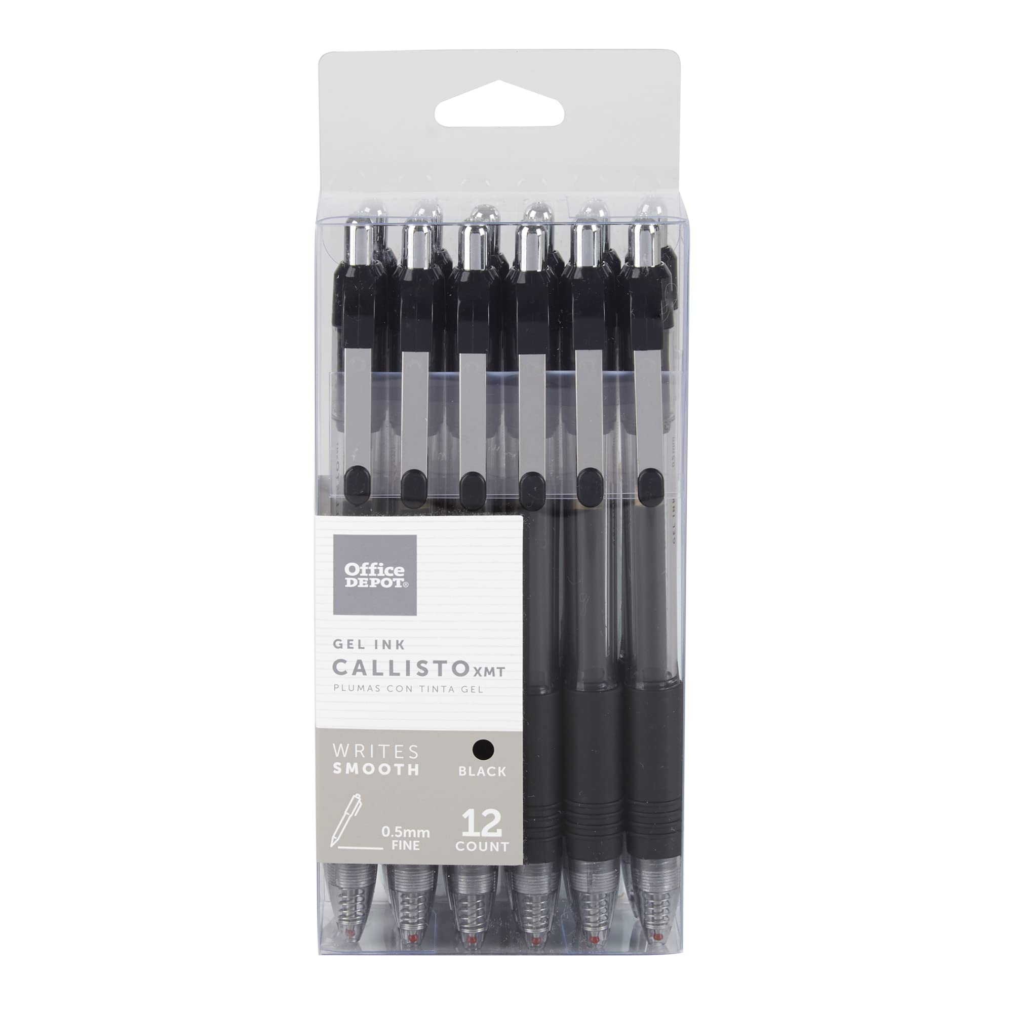 Office Depot Soft-Grip Retractable Gel Pens, Extra-Fine Point, 0.5 Mm, Transparent Black Barrel, Black Ink, Pack Of 12 Pens