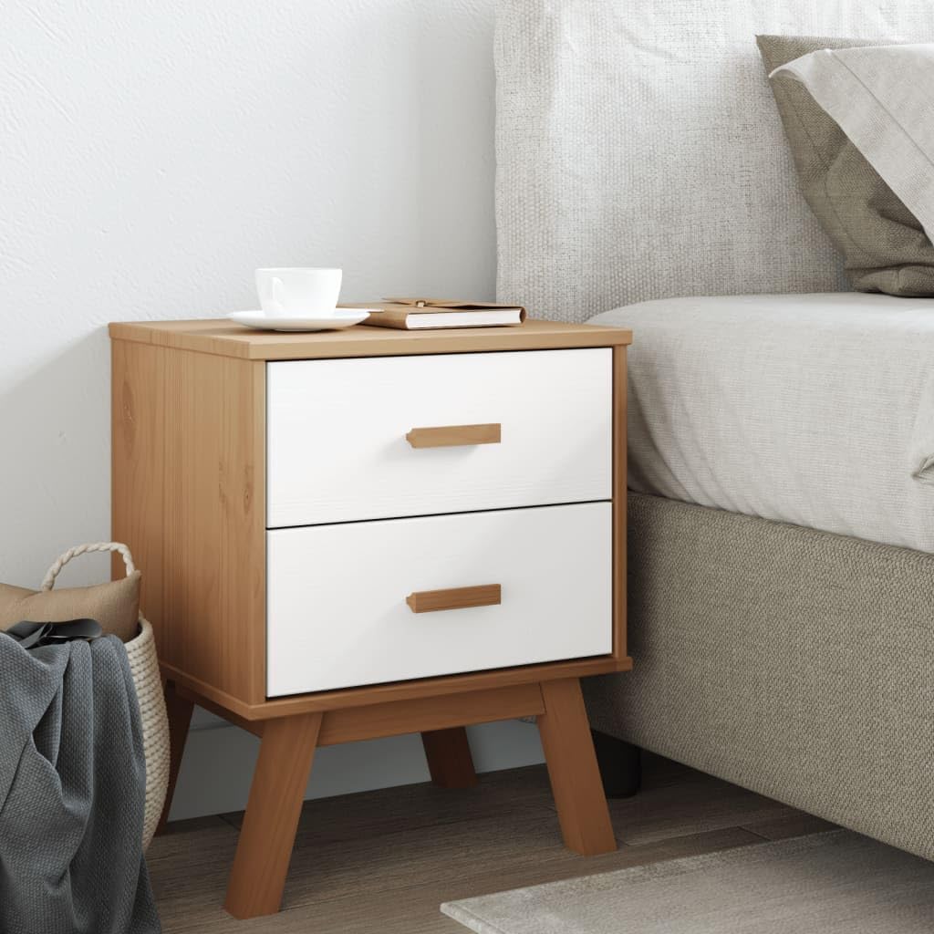 vidaXL Olden Bedside Cabinet - Solid Pine Wood Nightstand, White/Brown, with 2 Drawers, Scandinavian Style, 17.7" x 15.4" x 22.4"