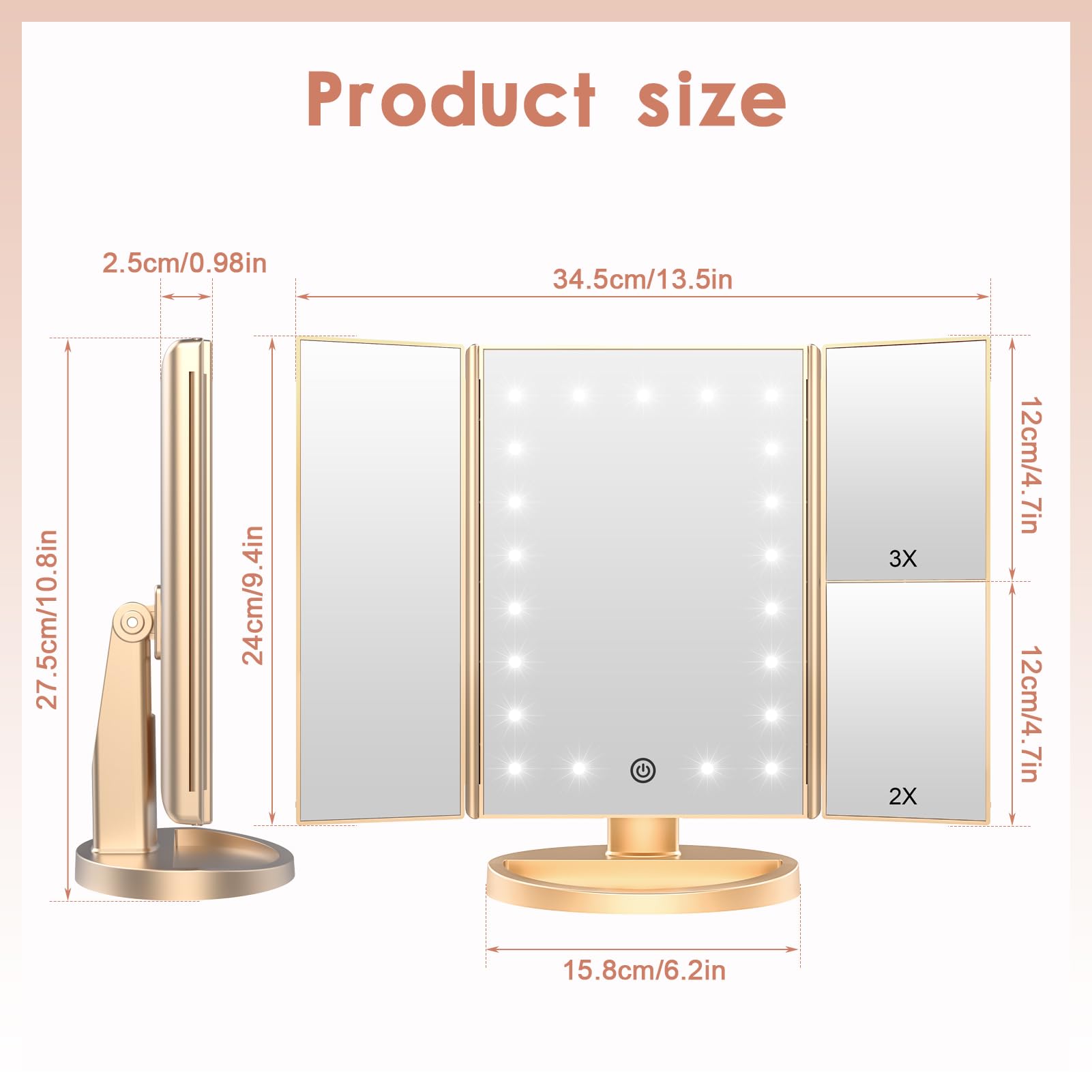 Weily Lighted Vanity Makeup Mirror 1X/2X/3X Magnification Trifold With 36 Led Lights Touch Screen And Usb Charging, 180 Degree Adjustable Stand For Countertop Cosmetic Makeup Mirror(Gold)
