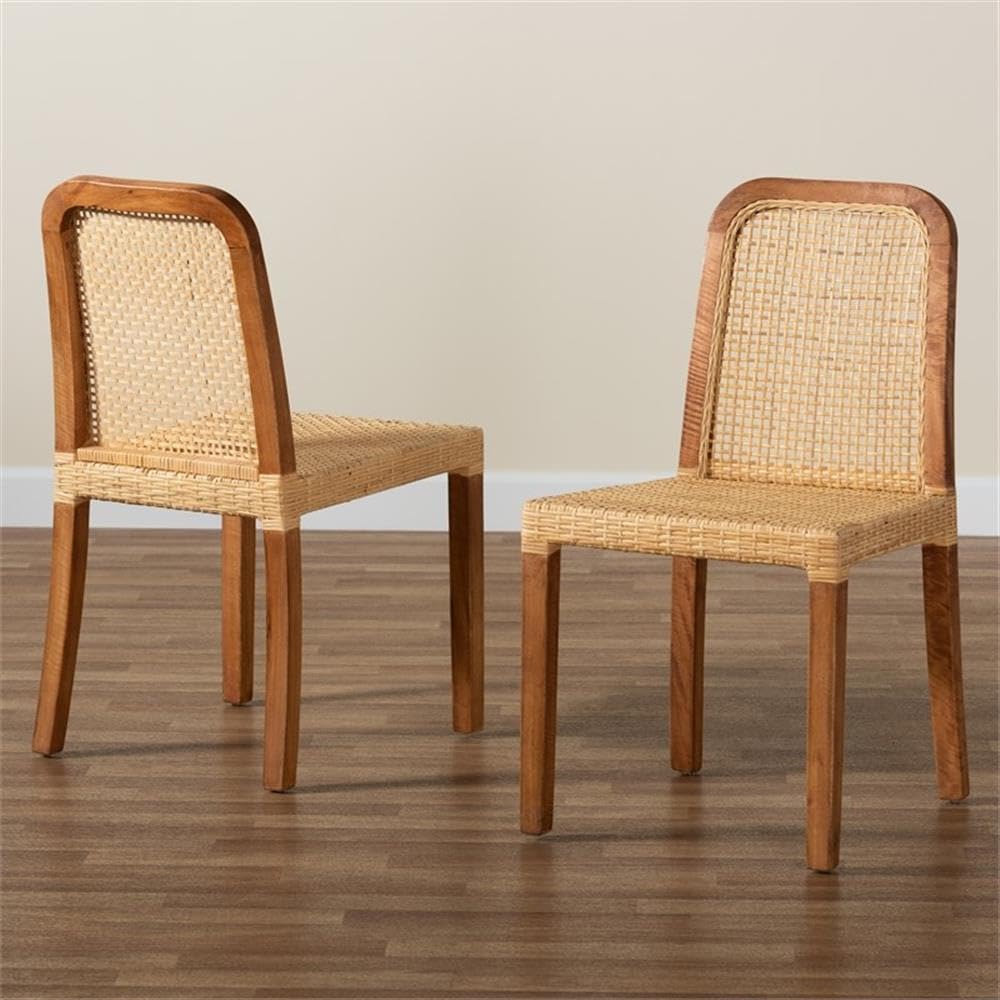 Baxton Studio Caspia Modern Brown Wood and Rattan 2-Piece Dining Chair Set