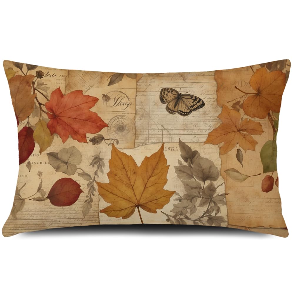 Gtext Fall Pillow Cover 12X20 Vintage Leaves Butterfly Throw Pillow Autumn Decorative Lumbar Linen Outdoor Farmhouse Decor Cushi