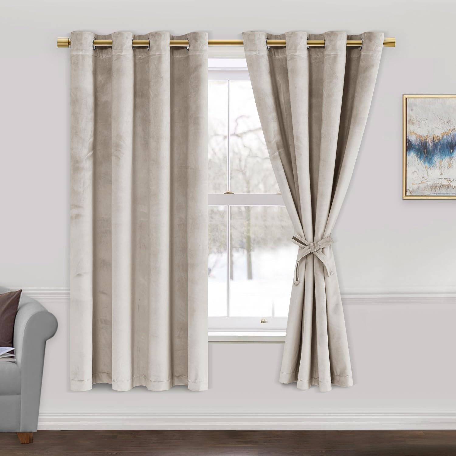 Jiuzhen Cream Velvet Curtains 63 Inches Blackout Curtains For Living Room -Thermal Insualted Room Darkening Grommet Thick Velvet
