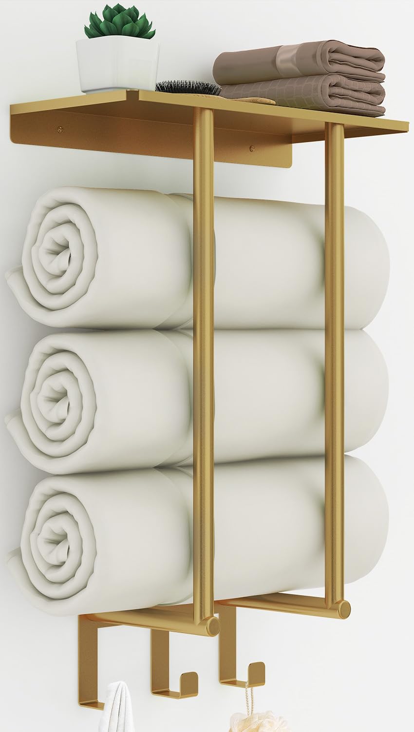 Towel Rack with Metal Shelf and 3 Hooks, Bethom Towel Racks for Bathroom Wall Mounted, Metal Gold Bath Towel Holder Storage Wall