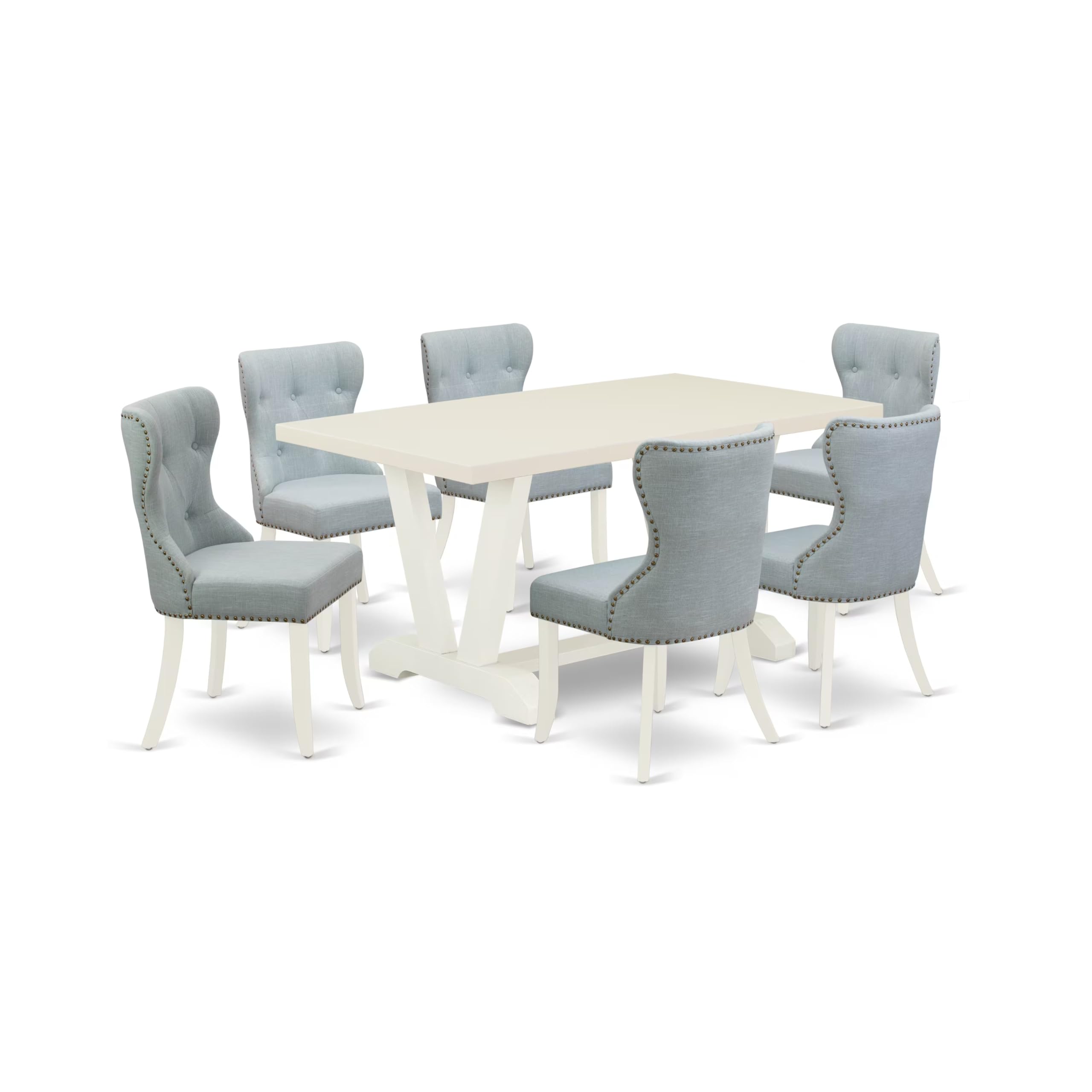 East West Furniture V026Si215-7 7 Piece Dining Table Set Consist Of A Rectangle Dining Room Table With V-Legs And 6 Baby Blue Linen Fabric Parsons Chairs, 36X60 Inch, Multi-Color