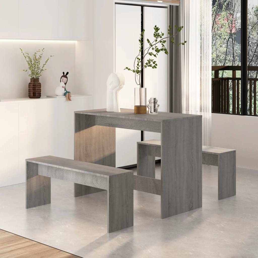 vidaXL 3 Piece Dining Set, Rectangular Table and Benches Set, Gray Sonoma Engineered Wood for Modern Houses, Durable and Easy-to-Clean
