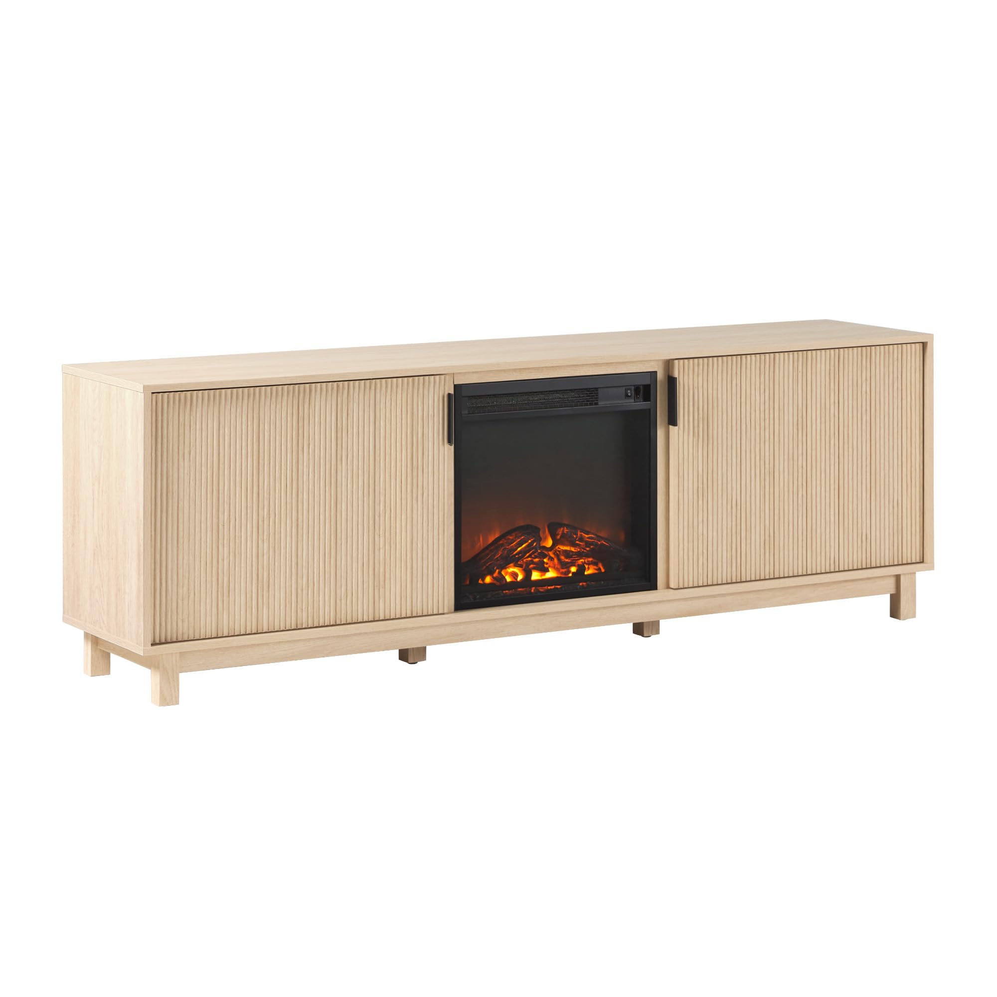 Walker Edison 70' Modern Reeded Tv Stand With Freestanding Electric Fireplace, Cabinet Storage For Media And Games, Ambient Flame With Or Without Heat, 16' D X 23.76' H, Coastal Oak