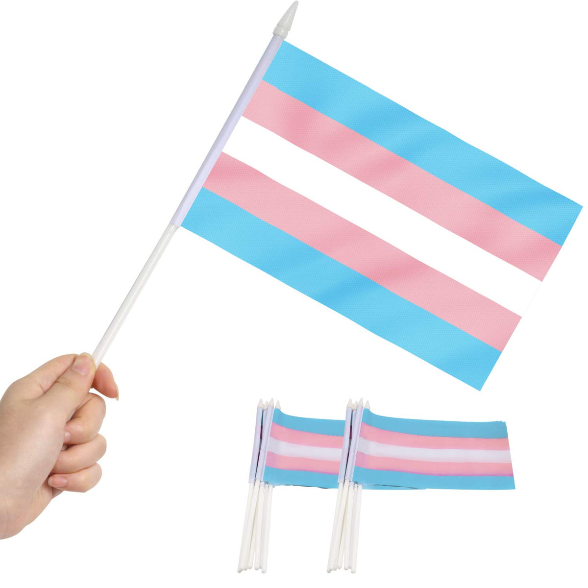 Anley Transgender Mini Flag 12 Pack - Hand Held Small Miniature Trans Pride Flags On Stick - Fade Resistant & Vivid Colors - 5X8