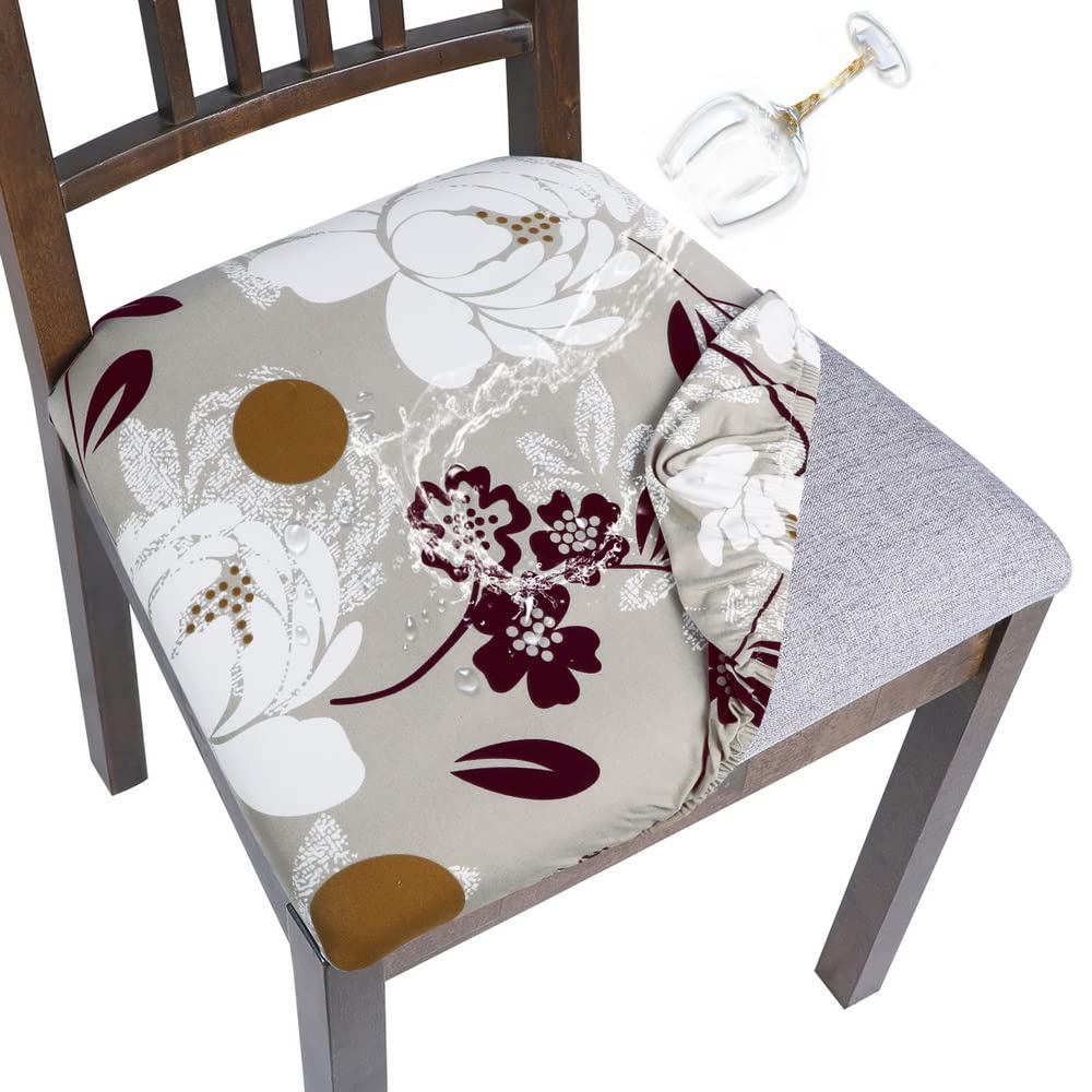 Searchi Water Repellent Seat Covers For Dining Chairs, 4 Pack Jacquard Stretch Dining Room Chair Seat Covers, Kitchen Chair Seat Covers Protectors(Brown Flower)