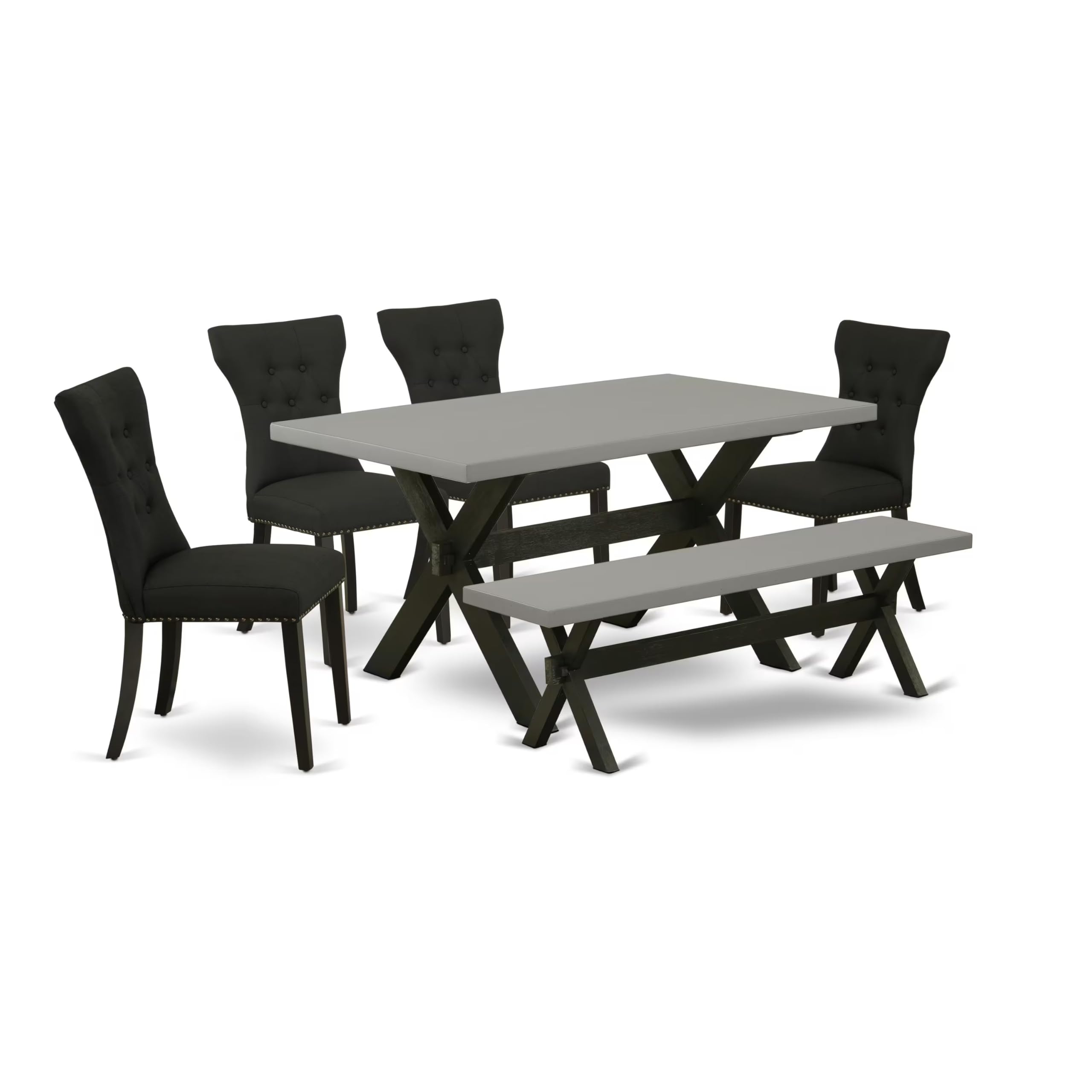 East West Furniture X696Ga124-6 6 Piece Modern Dining Table Set Contains A Rectangle Wooden Table With X-Legs And 4 Black Linen Fabric Parson Chairs With A Bench, 36X60 Inch, Multi-Color