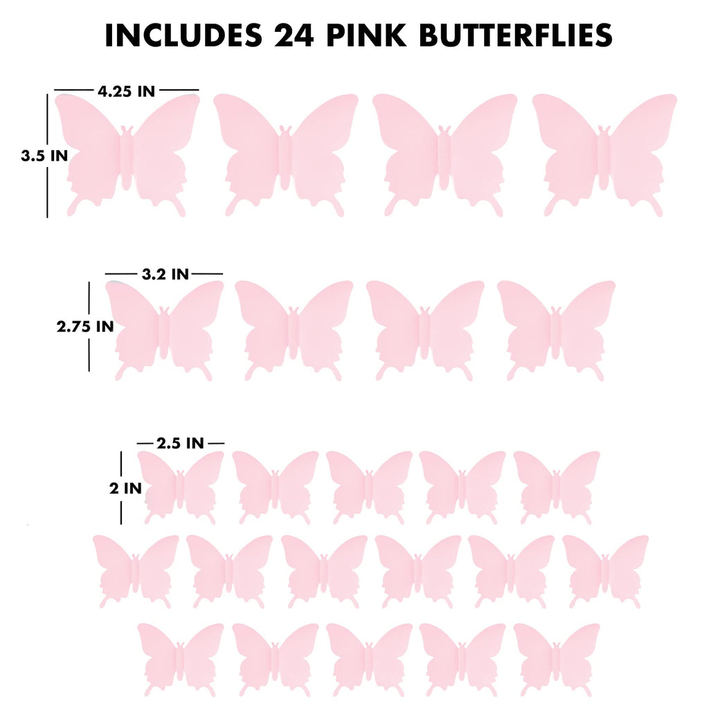 Cute Pink Butterfly Wall Decor 24 Pcs, Girls Room Wall Decals, Danish Pastel Aesthetic Butterflies Stickers For Nursery Decorati