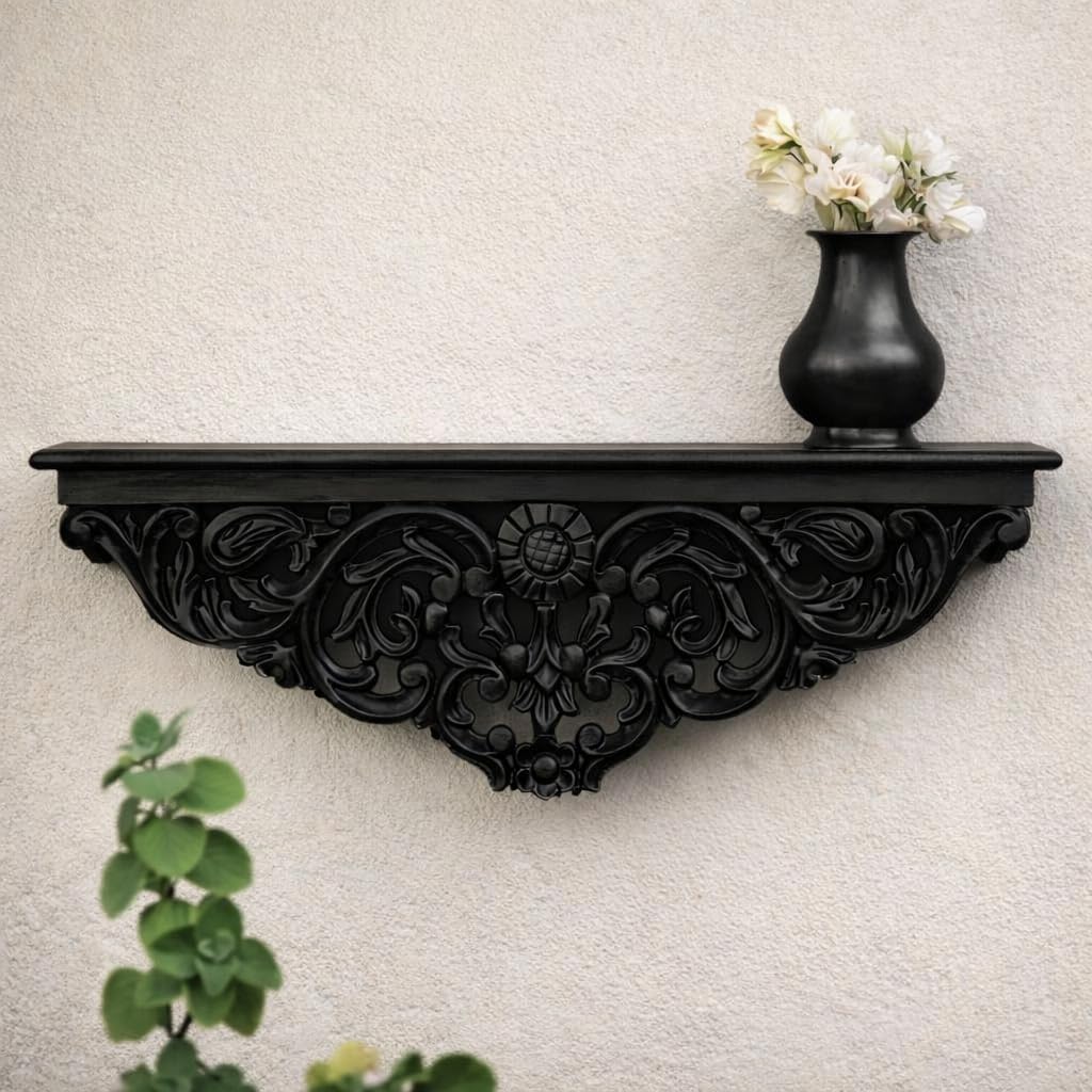 Decorative Wooden Wall Shelf With Ornate Carved Design, Black Colour, For Living Room, Bedroom Home & Office Wall Decor (D1 Blac