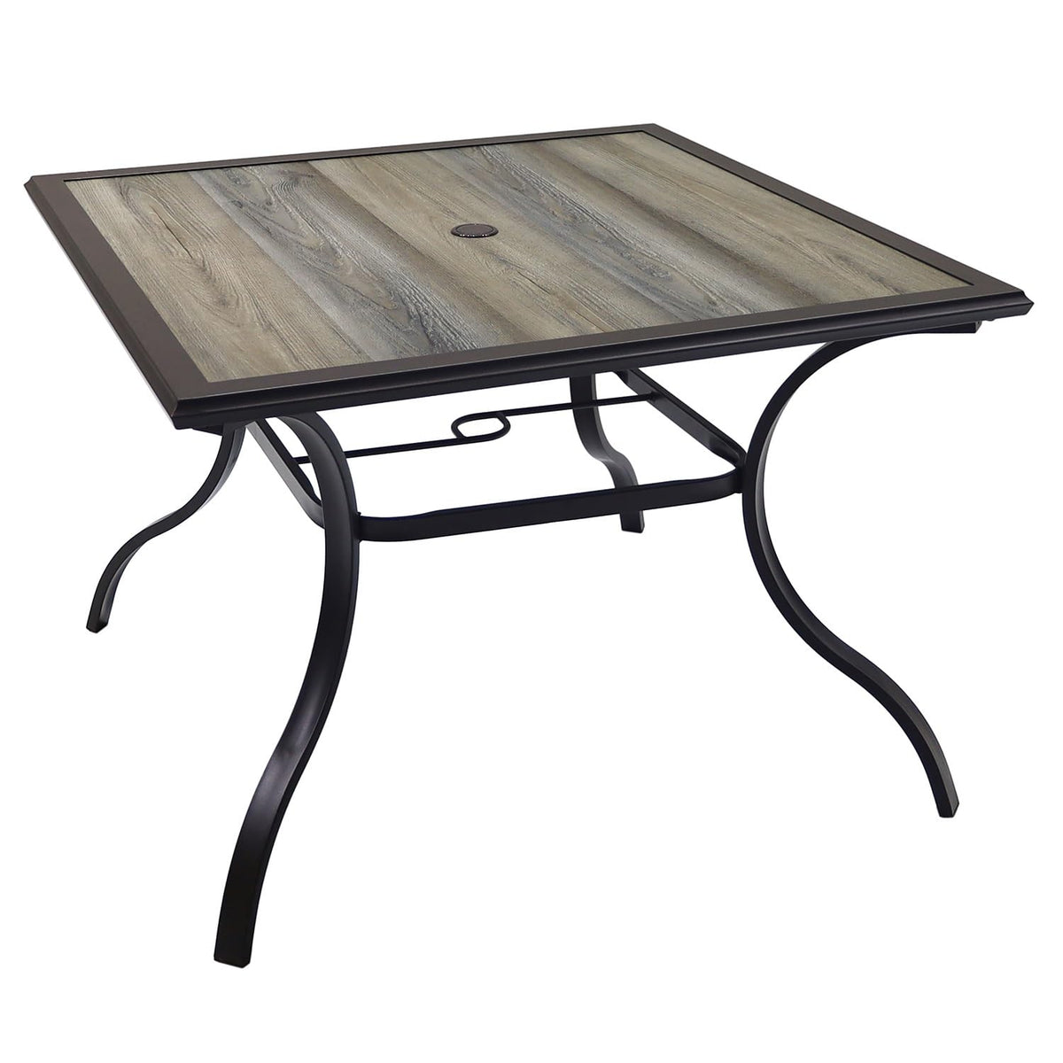 Virvla Square Patio Dining Table With Umbrella Hole, Laminated Top With Brown Metal Steel Frame 37'' X 37'' X 28''