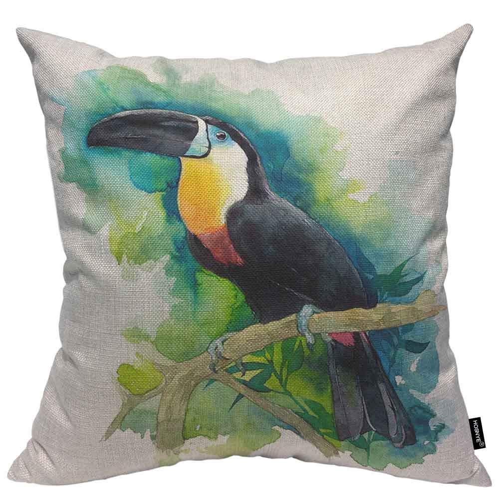 Hosnye Watercolor Bird Throw Pillow Case 16X16 Painted Toucan Zoo Beautiful Tropical Bird Pillow Cushion Cover Decorative Waist