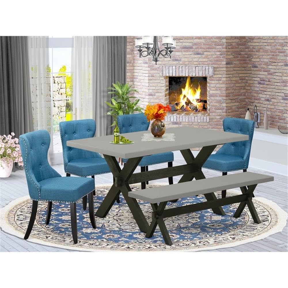East West Furniture X696Si121-6 6 Piece Kitchen Table Set Contains A Rectangle Dining Table With X-Legs And 4 Blue Linen Fabric Parson Chairs With A Bench, 36X60 Inch, Multi-Color
