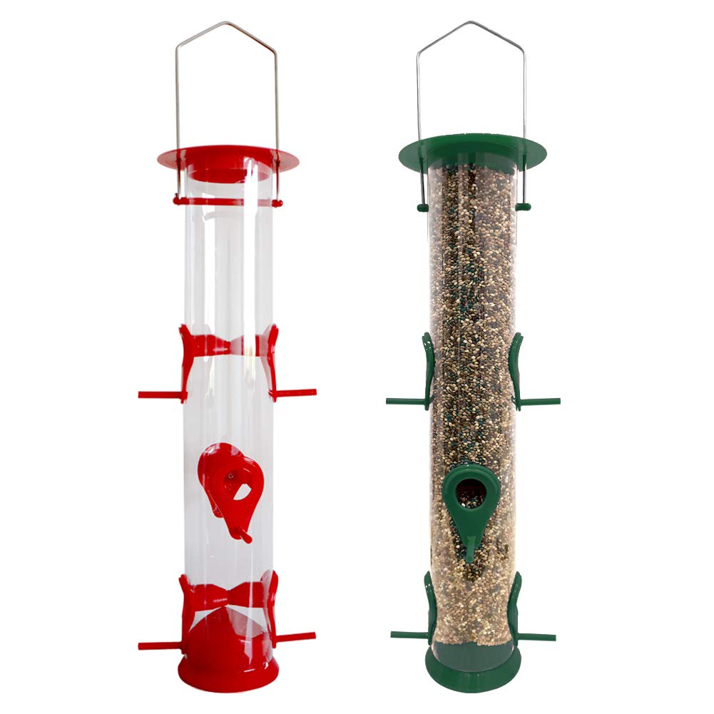 2 Packs Bird Feeder Tube Hanging Feeders, 6 Port Wild Bird Feeders Premium Hard Plastic With Steel Hanger Weatherproof And Water