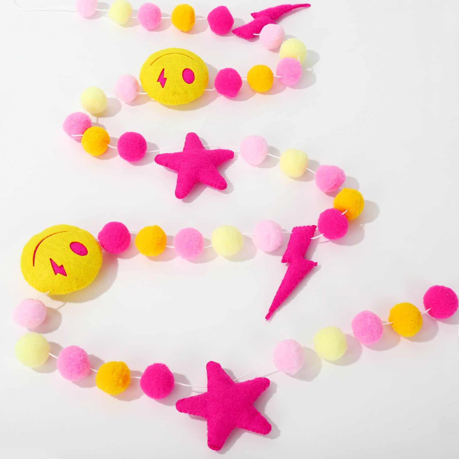 Whaline Preppy Felt Banner 3D Pink Face Lighting Star Banner Felt Ball Garland Pre-Assembled Preppy Theme Bunting Garland for Ba