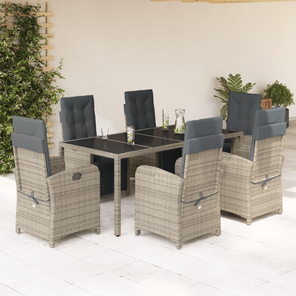 vidaXL - 7 Piece Patio Dining Set - Gray Poly Rattan with Cushions - Adjustable Reclining Garden Chairs - Tempered Glass Tabletop - Outdoor, Garden, Backyard