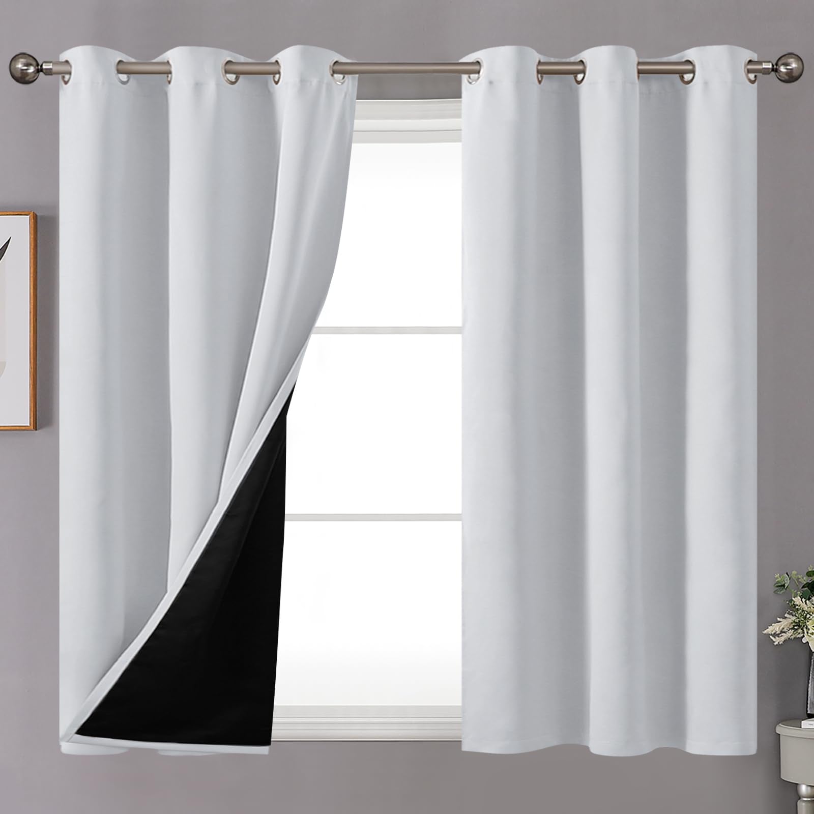 Youngstex Short 100% Blackout Curtains 45 Inches Length For Window, Double Layer Full Light Blocking Thermal Insulated Bedroom C