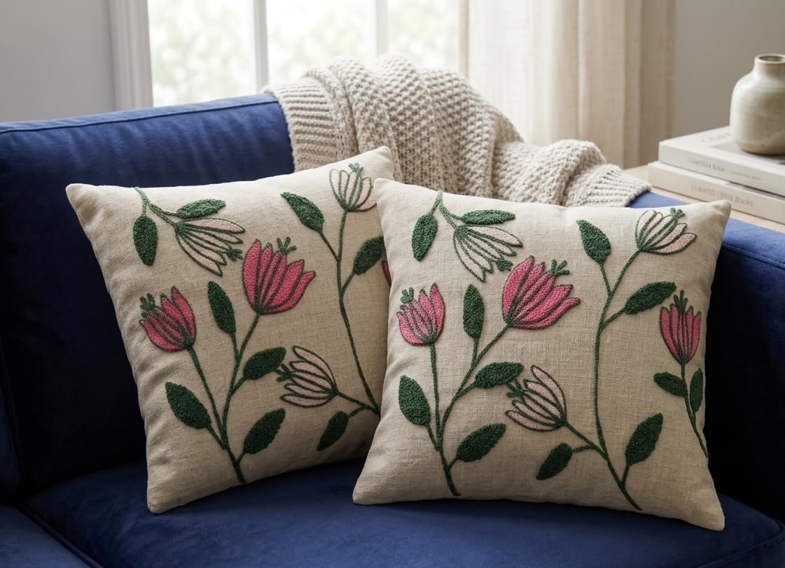Samair Floral Embroidered Cushion Covers, Beige, Set Of 2, Sofa DCor 16X16 Inches (Beige)