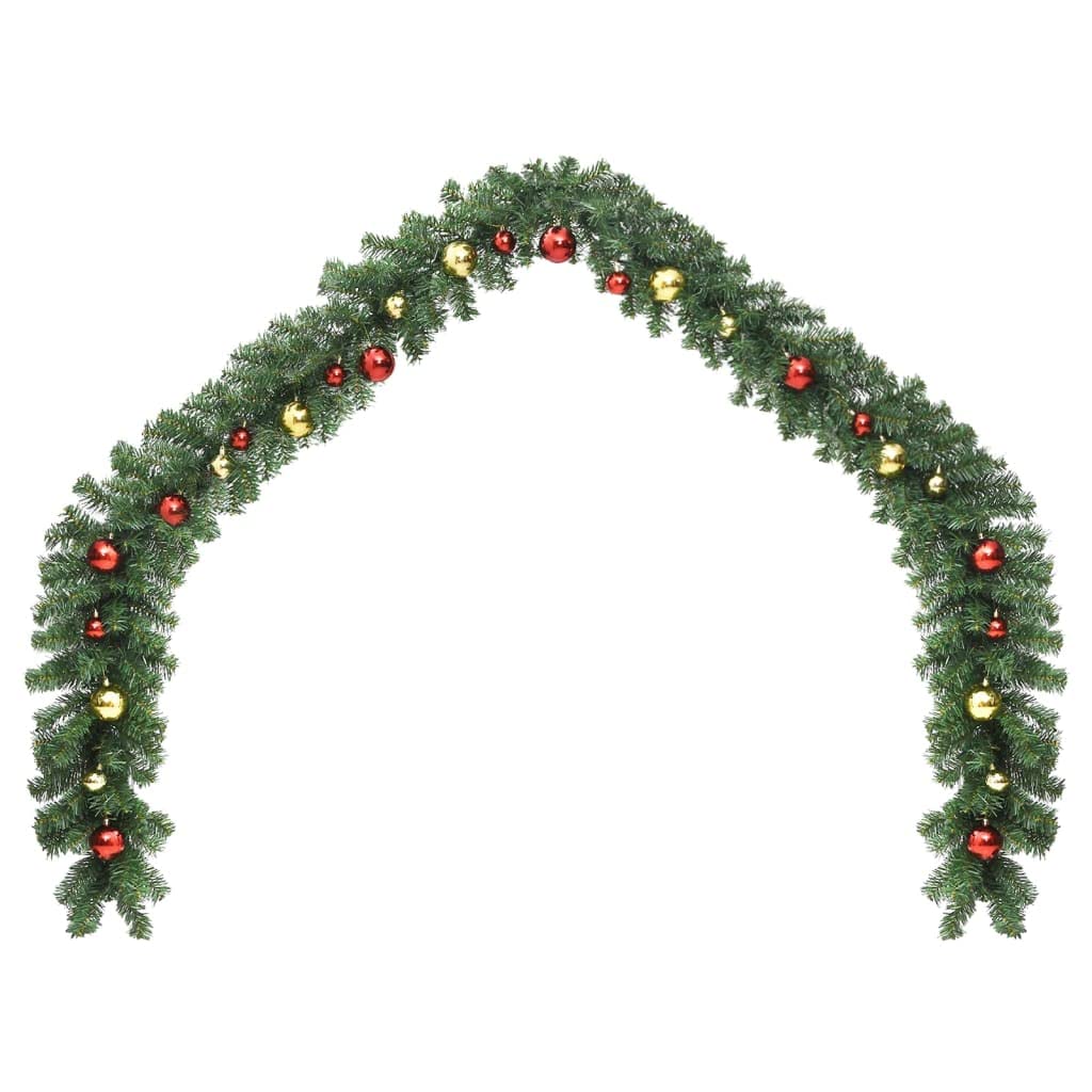 'vidaXL Green Christmas Garland with Golden and Red Baubles and LED Lights - 65.6 Length - Lush, PVC Material, Weather-Resistant
