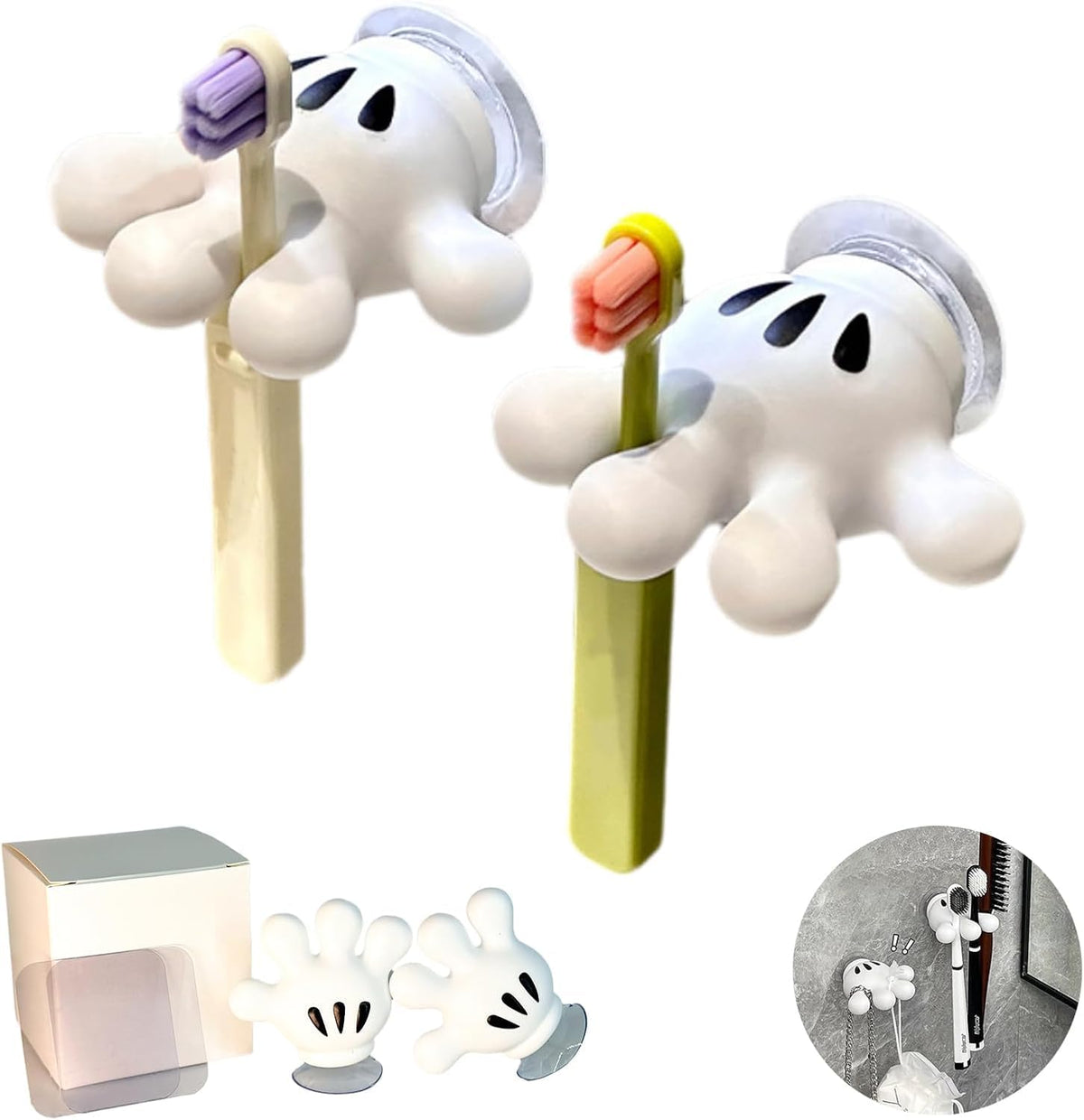 Shopping Mart 2PC Cute Hanging Toothbrush Holder, Mouse Hand Wall Hanging Utility Suction Hooks, MultiFunction Key Holder Jewel
