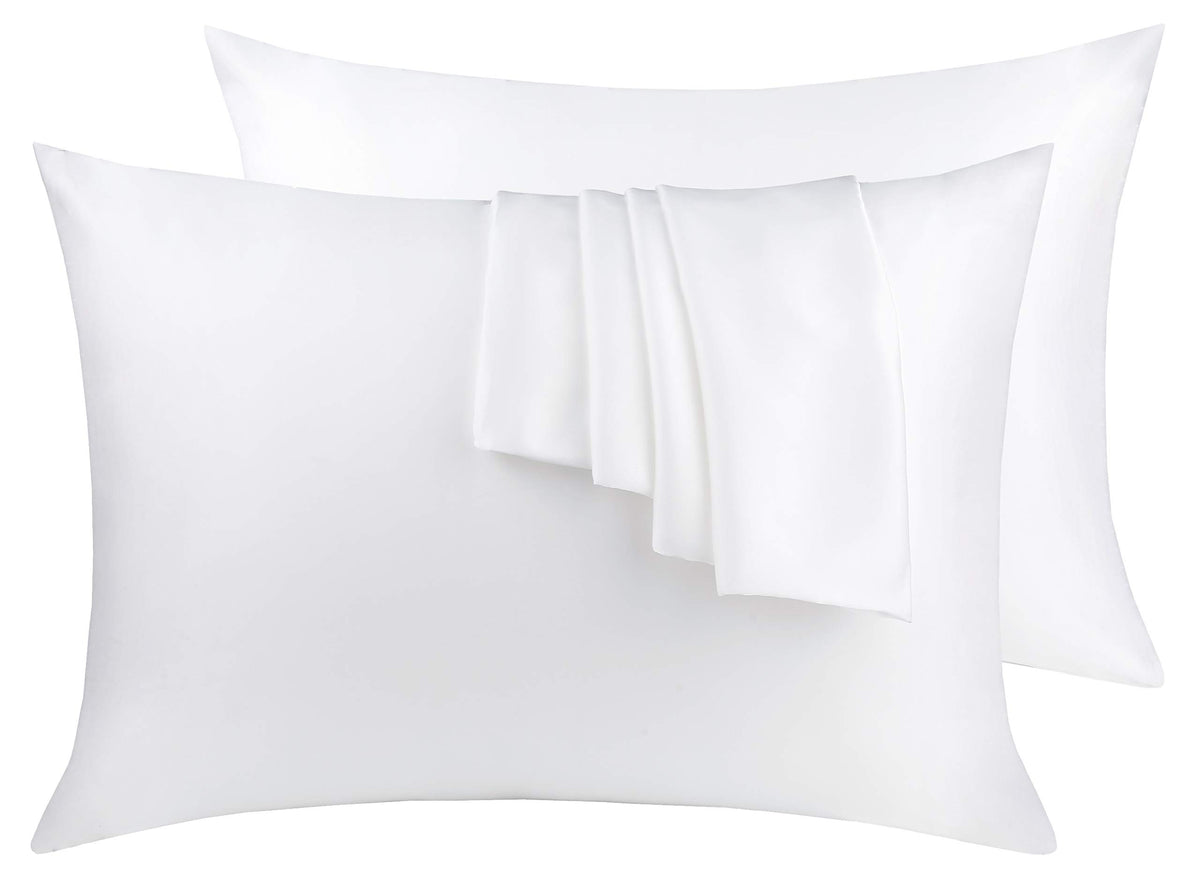 Natural Silk Pillowcase Set Of 2 For Hair &Skin - Both Sides 19 Momme 600 Thread Count With Hidden Zipper (White, Queen)