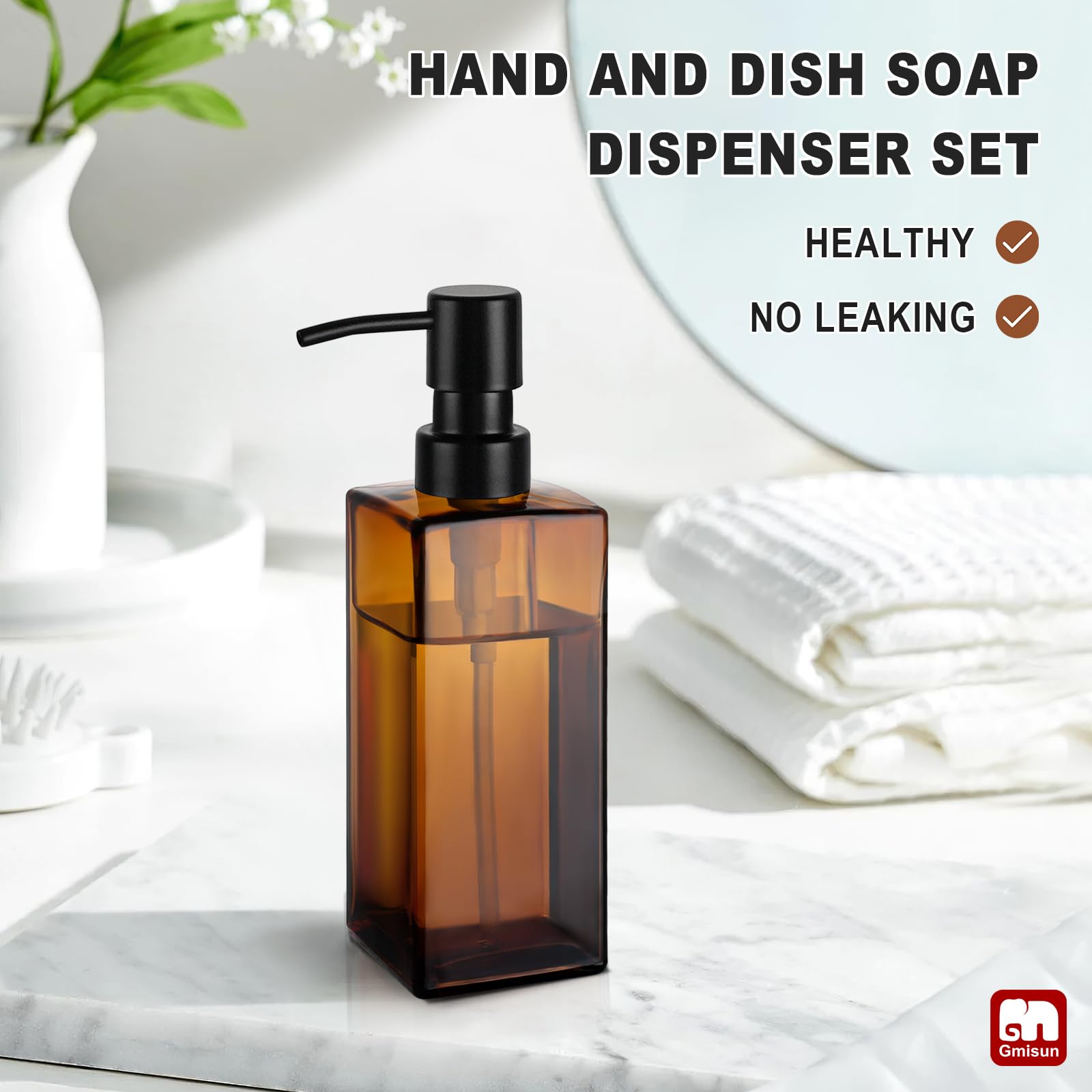 Gmisun Amber Glass Soap Dispenser With Stainless Steel Pump, Hand Soap Dispenser For Bathroom, 12Oz Dish Soap Dispenser For Kitc