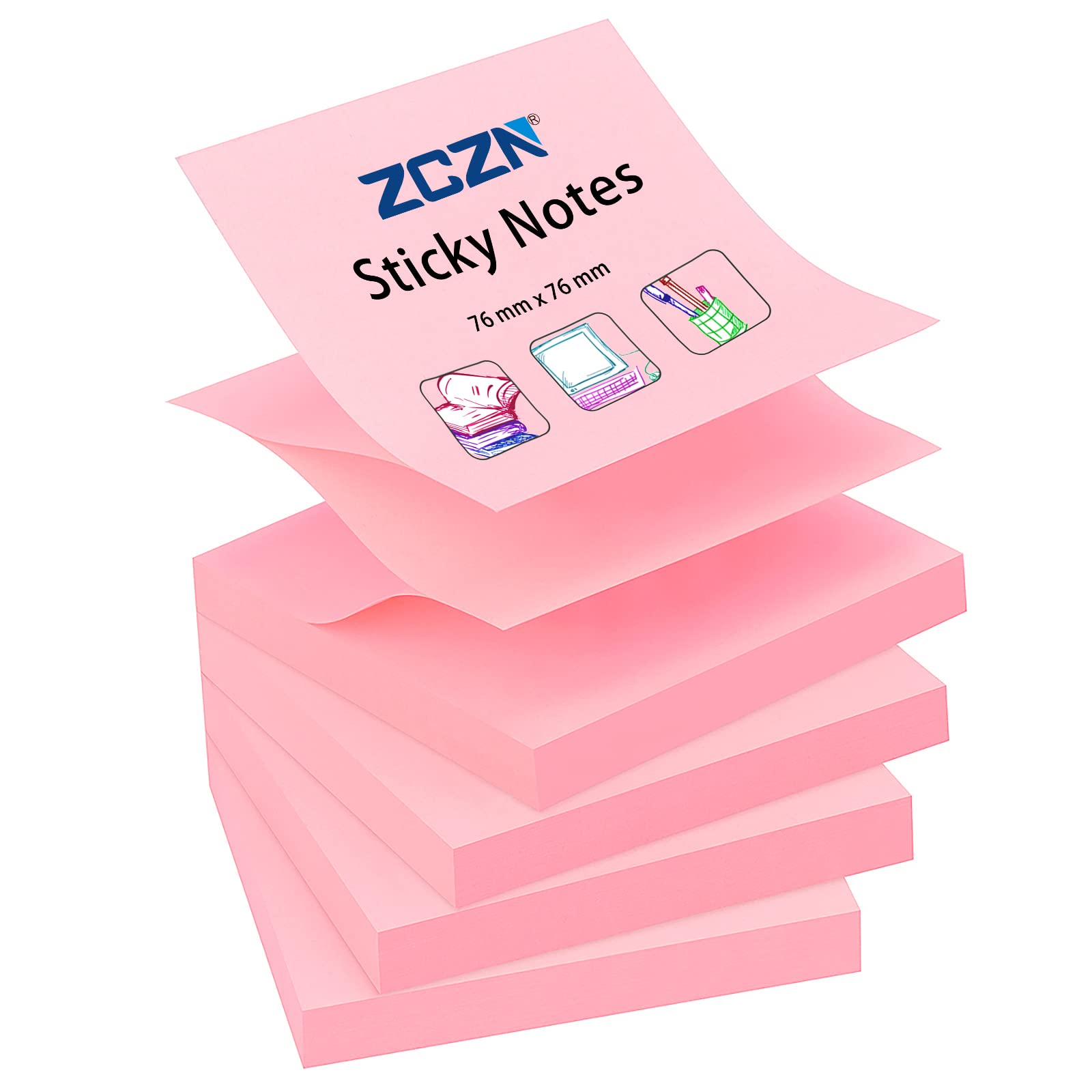 Zczn 400 Sheets Pop-Up Sticky Notes, 3 X 3 Inches, 4 Pads Bright Color Self-Stick Notes, 100 Sheets/Pad, Pink