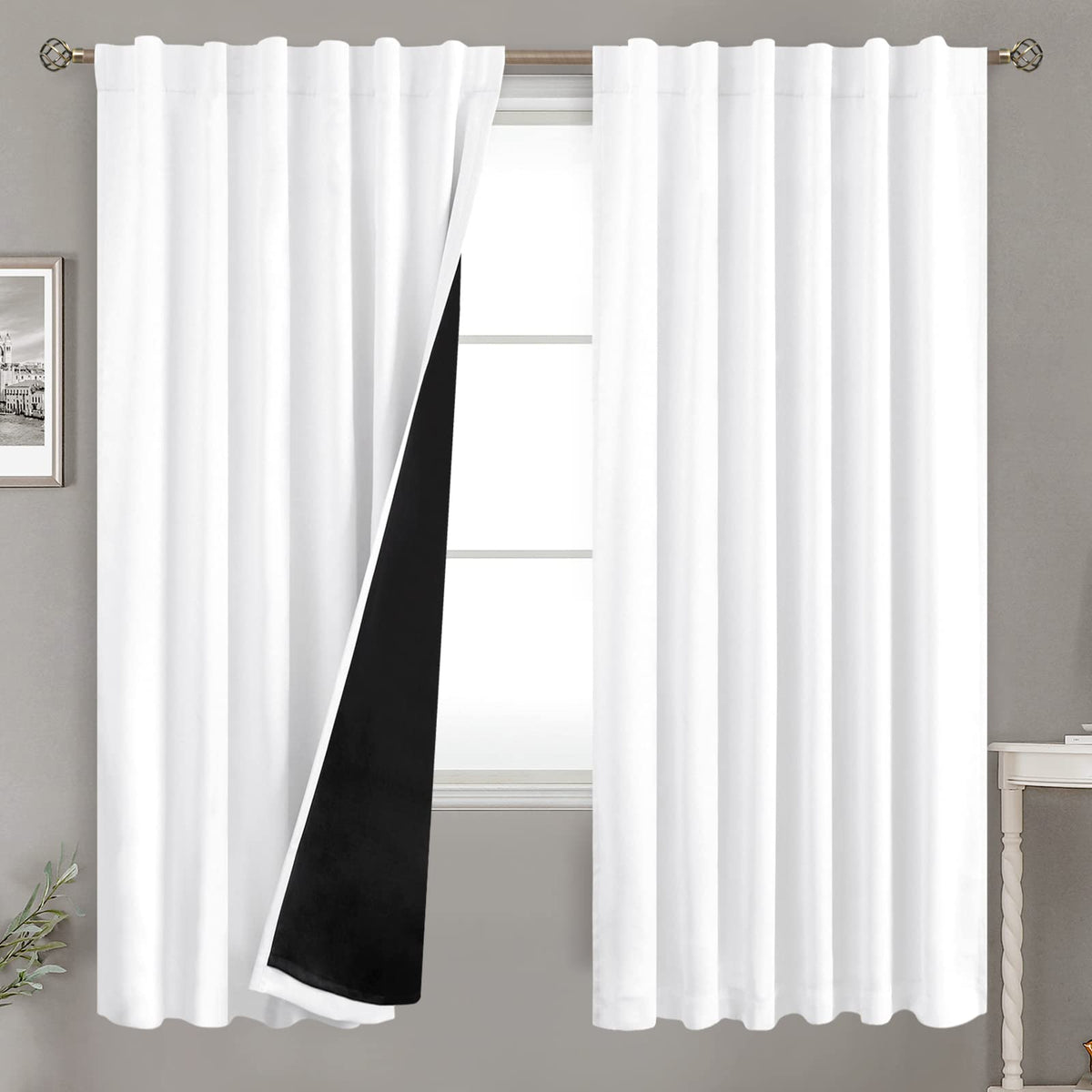 Bgment Pure White 100% Blackout Curtains With Black Liner, Rod Pocket And Back Tab Double Layer Full Room Darkening Window Therm