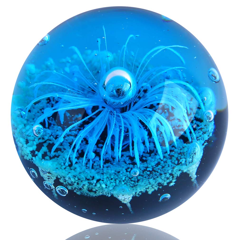 EUSTUMA Blue Hand Blown Glass Anemones Sculpture, 3.15x3.15x3.15 inches, 1.52 lbs, Paperweight, Fish Tank Ornament, Figurine Gif