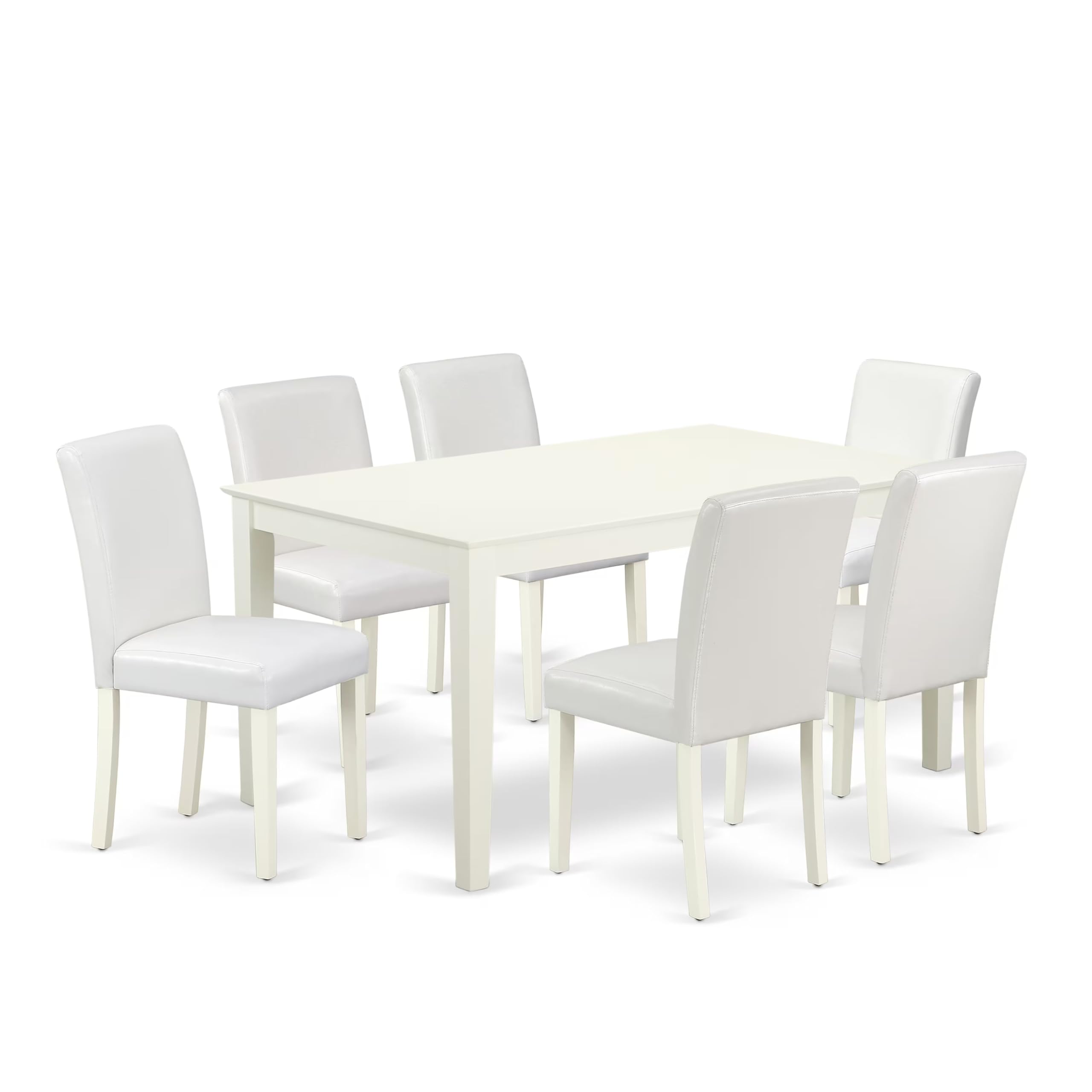 East West Furniture Caab7-Lwh-64 Capri 7 Piece Kitchen Table & Chairs Set Consist Of A Rectangle Room Table And 6 Faux Leather Parsons Dining Chairs, 36X60 Inch, Linen White