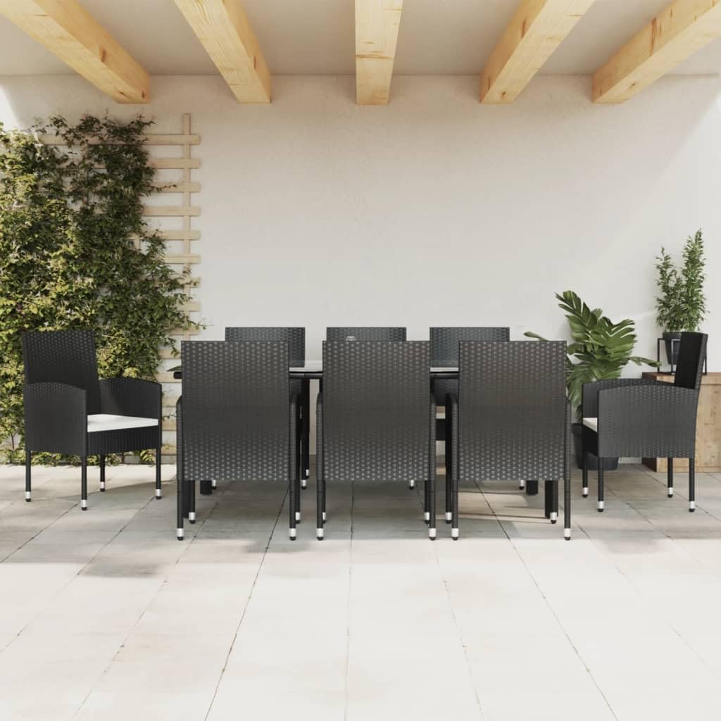 vidaXL 9-Piece Black Poly Rattan and Steel Patio Dining Set - Outdoor Garden Furniture with Cushioned Chairs and Glass Tabletop