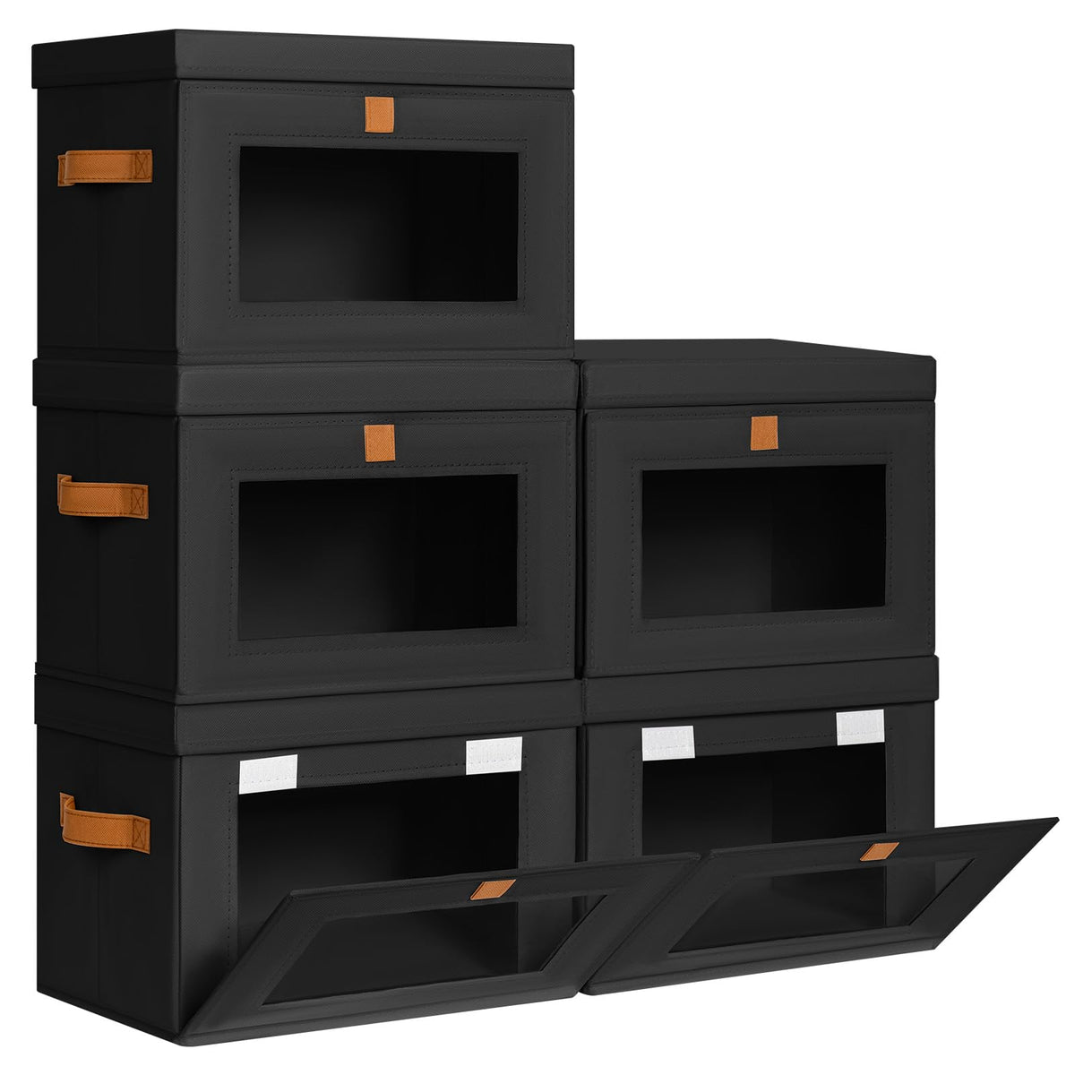 DIMJ Storage Bins with Lids  5 Pack Front Opening Stackable Fabric Storage Boxes with Clear Window & Handles, Collapsible Close