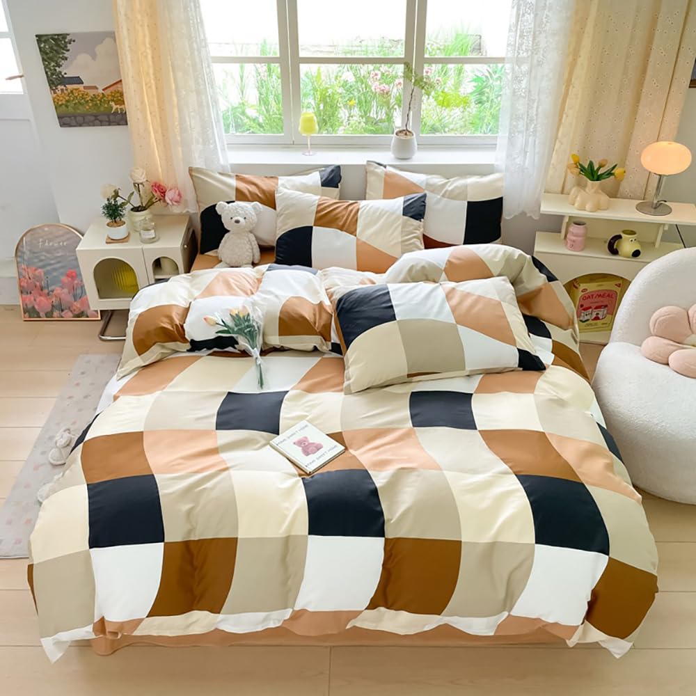Hosueri White Beige Black Brown Cream King Plaid Comforter Set Men Women Warm Comfy Modern Multicolor Beige Orange Grid Bed Quil