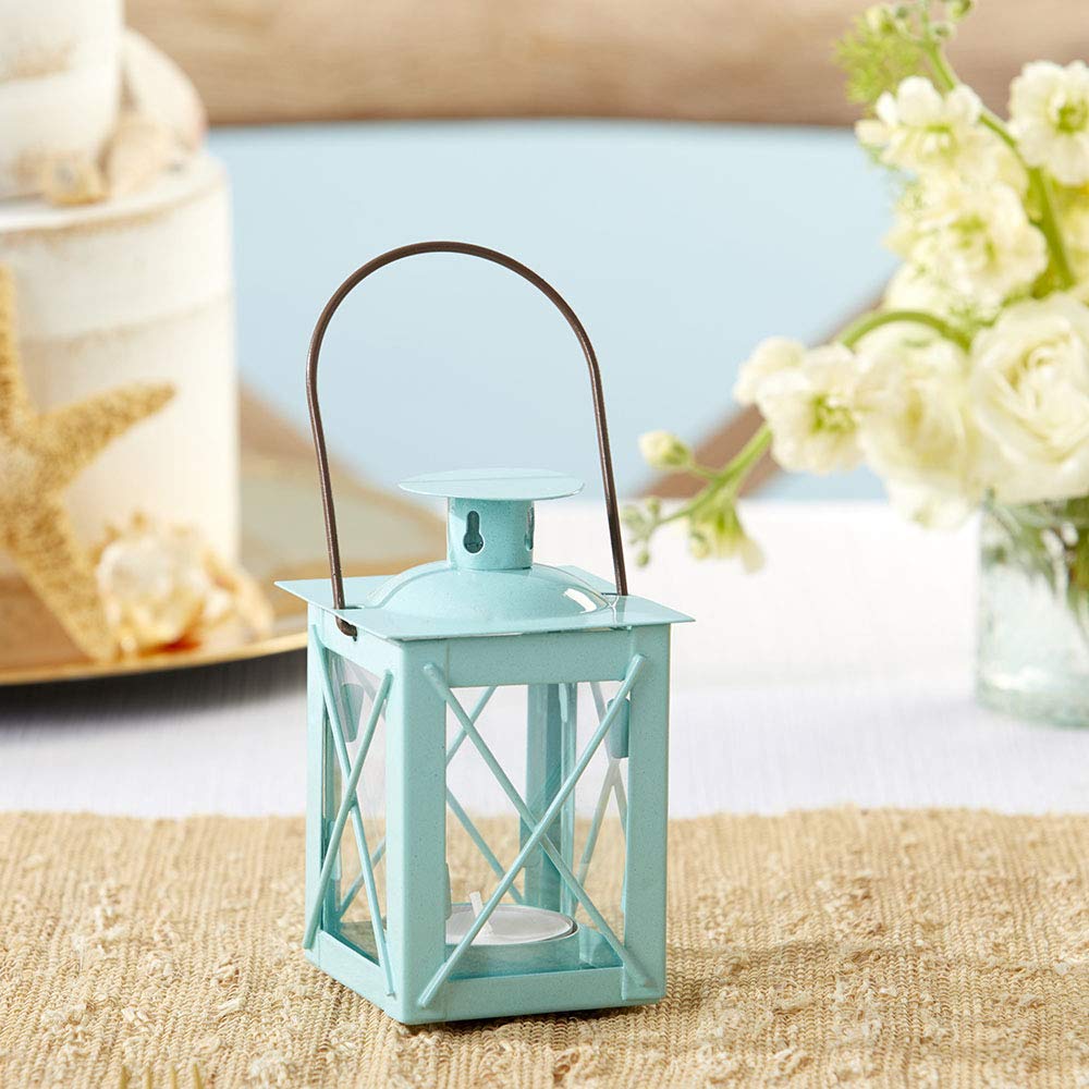 Kate Aspen Rustic Shelf Decor Luminous Vintage Tea Light Votive Candle Holders Metal Mini Decorative Lantern, Distressed Teal Bl