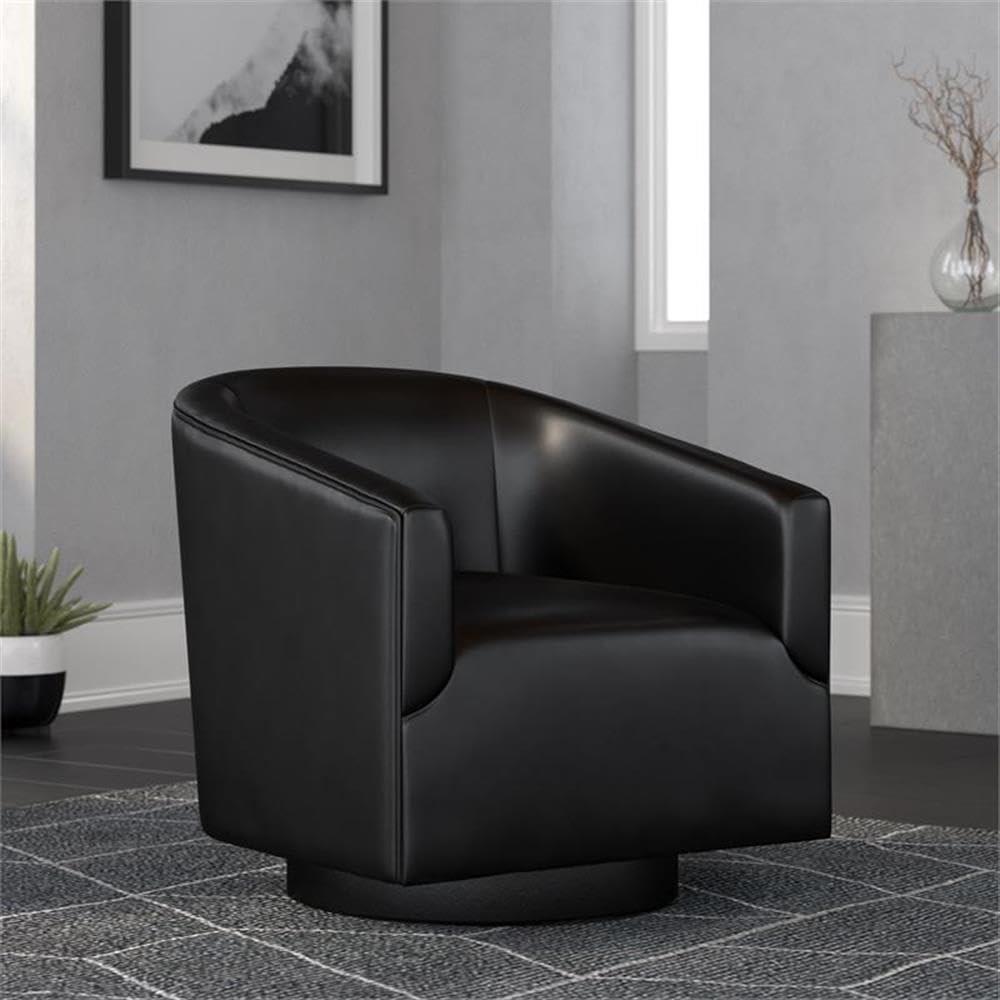 Comfort Pointe Gaven Black Faux Leather Wood Base Swivel Accent Chair