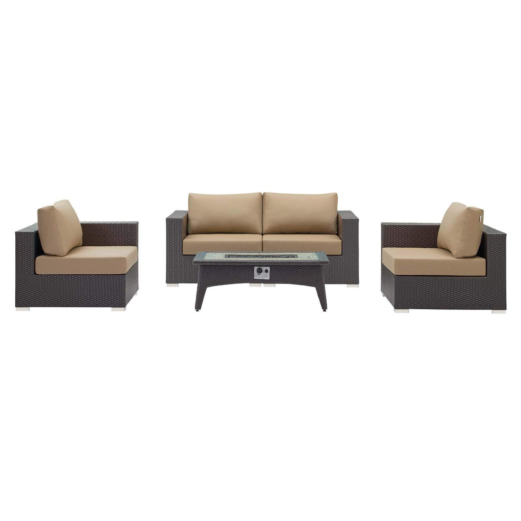 Modway Convene Wicker Rattan 5 Piece Outdoor Patio Sectional Set With Fire Pit In Espresso Mocha