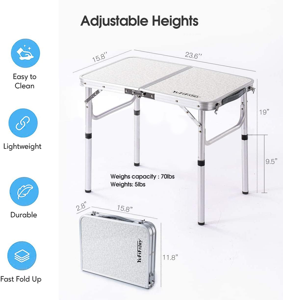 Folding Camp Table Small, 24''L X16''W With Adjustable Height Legs, Indoor Outdoor Lightweight Portable Aluminum Dining Table For Picnic Camping 2-Feet(2 Heights 10'/19')