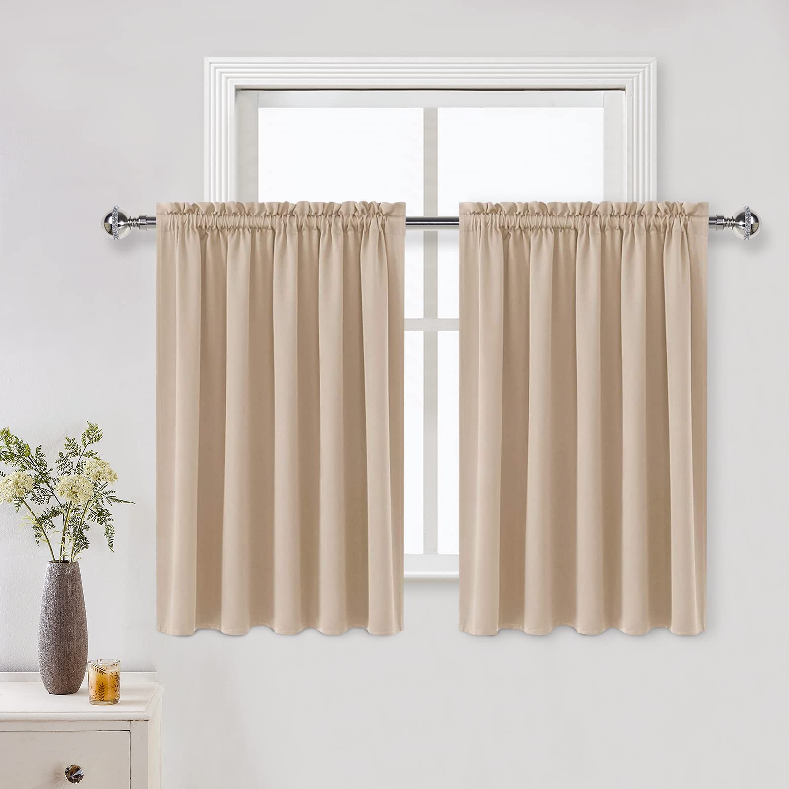 Dwcn Beige Room Darkening Curtains For Kitchen/Bedroom, 60 X 36 Inches Long - Energy Saving Window Drapes For Nursery With Rod P
