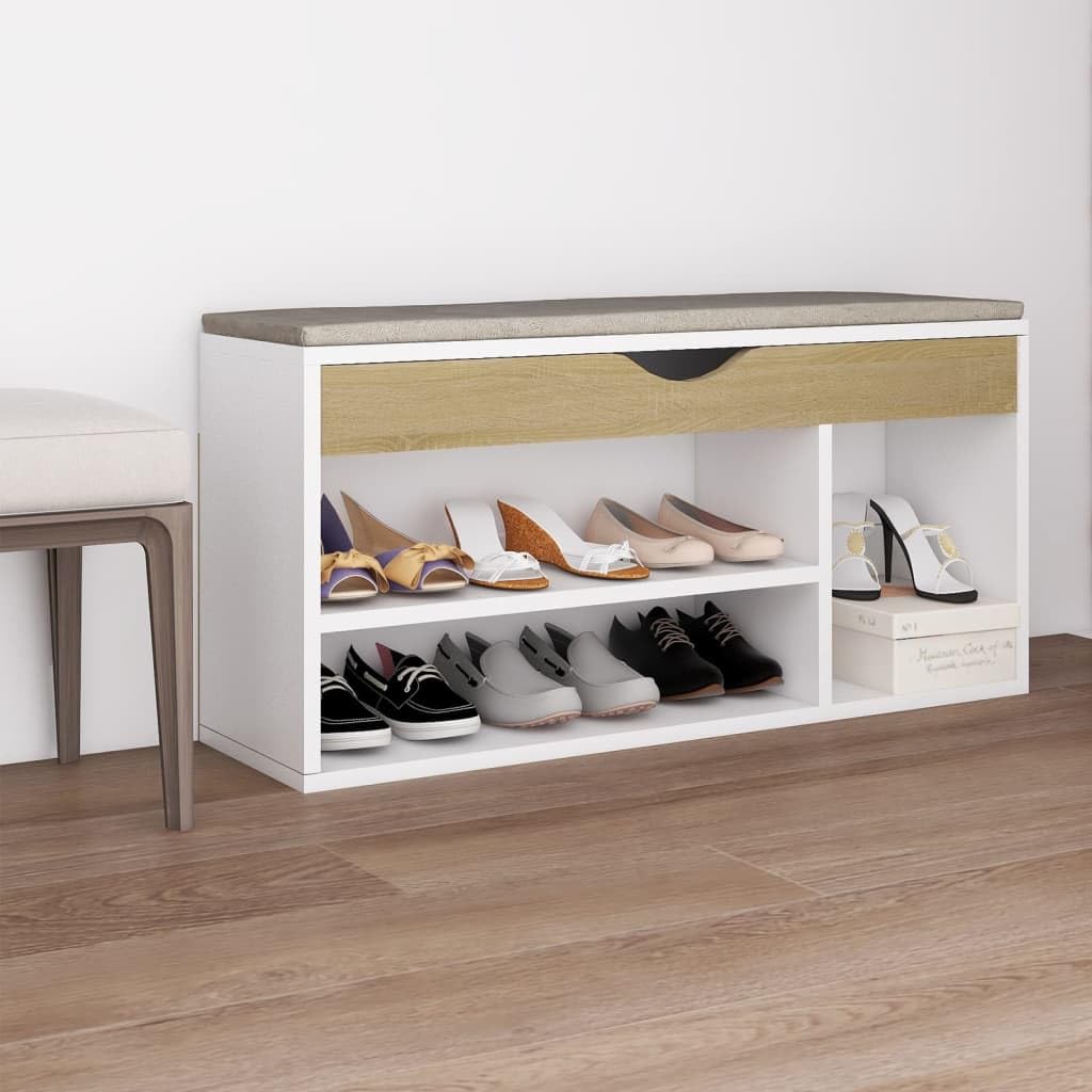 vidaXL Shoe Bench with Cushion in White and Sonoma Oak - Engineered Wood Shoe Storage Organizer - Comfortable, Practical and Stylish