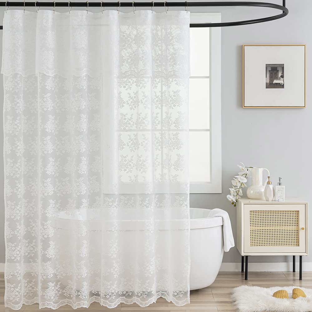 TUDECO White Lace Shower Curtain with Attach Valance, Shabby Chic Floral Shower Curtain Lace for Bathroom Vintage Sheer Scallope