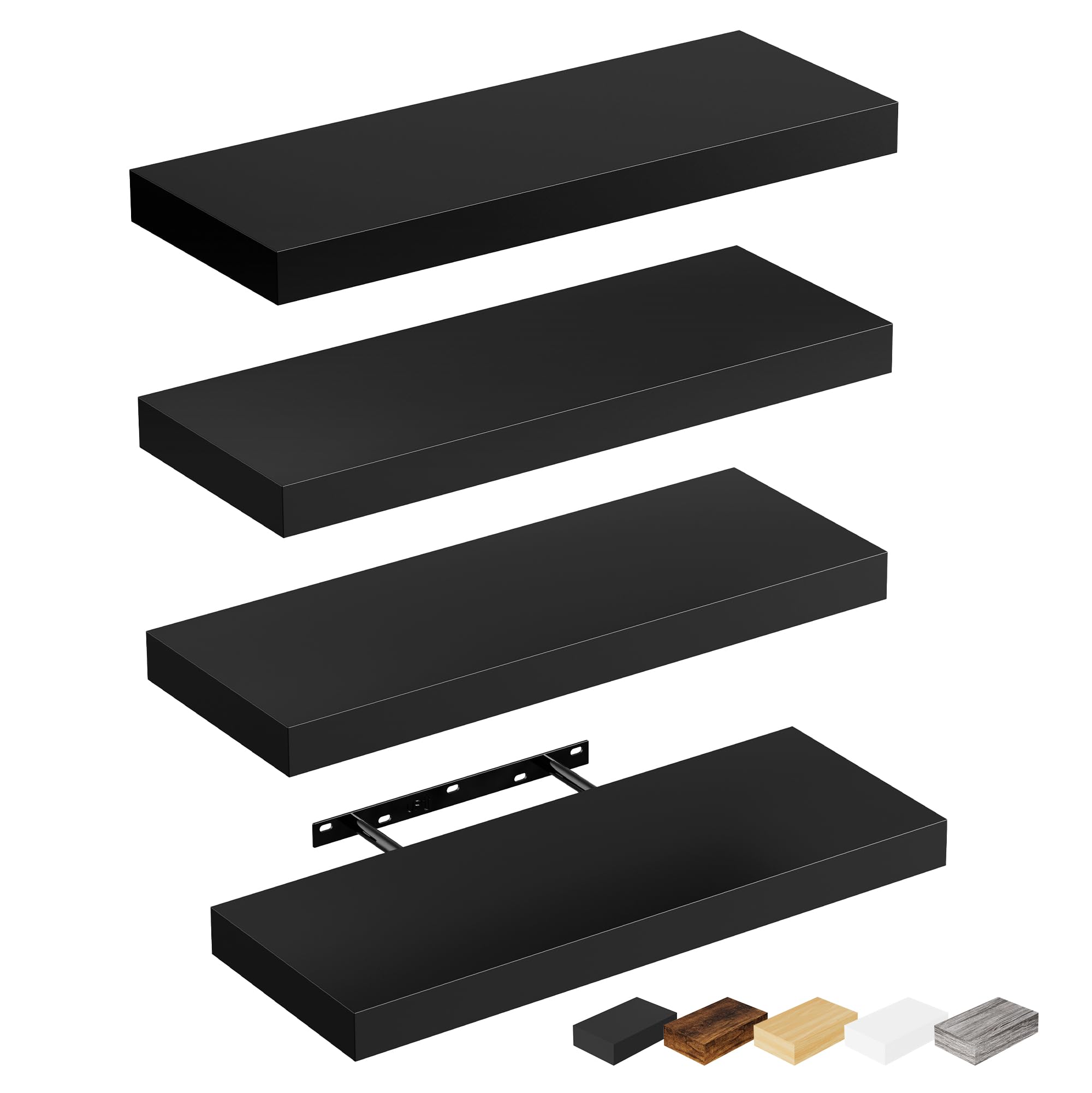 Bellsal Floating Shelves for Wall, Black Wood Wall Shelf Set of 4, 16'' Wall Mounted Floating Shelf for Kitchen