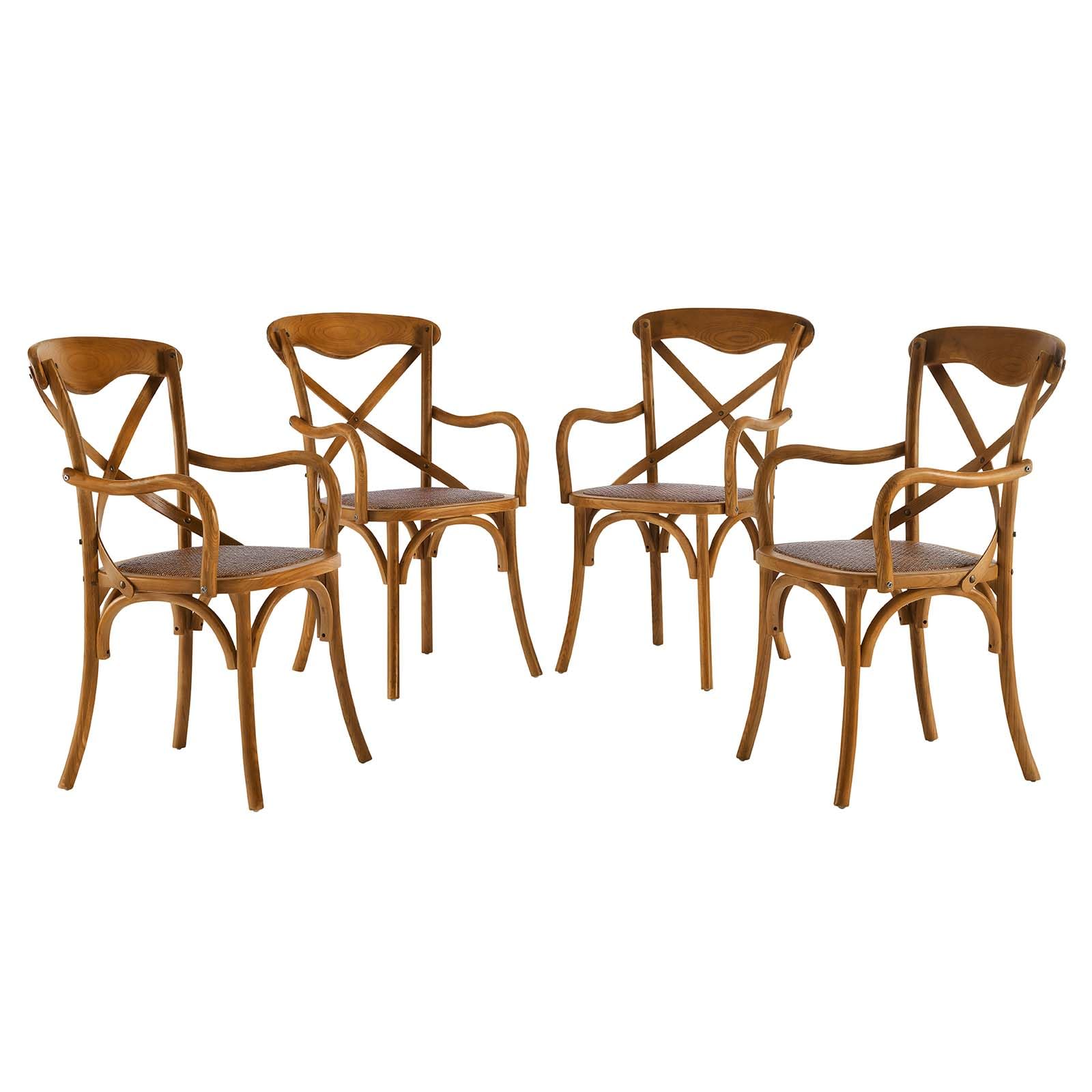 Modway Gear Rustic Modern Farmhouse Elm Wood Rattan Four Dining Armchairs In Walnut