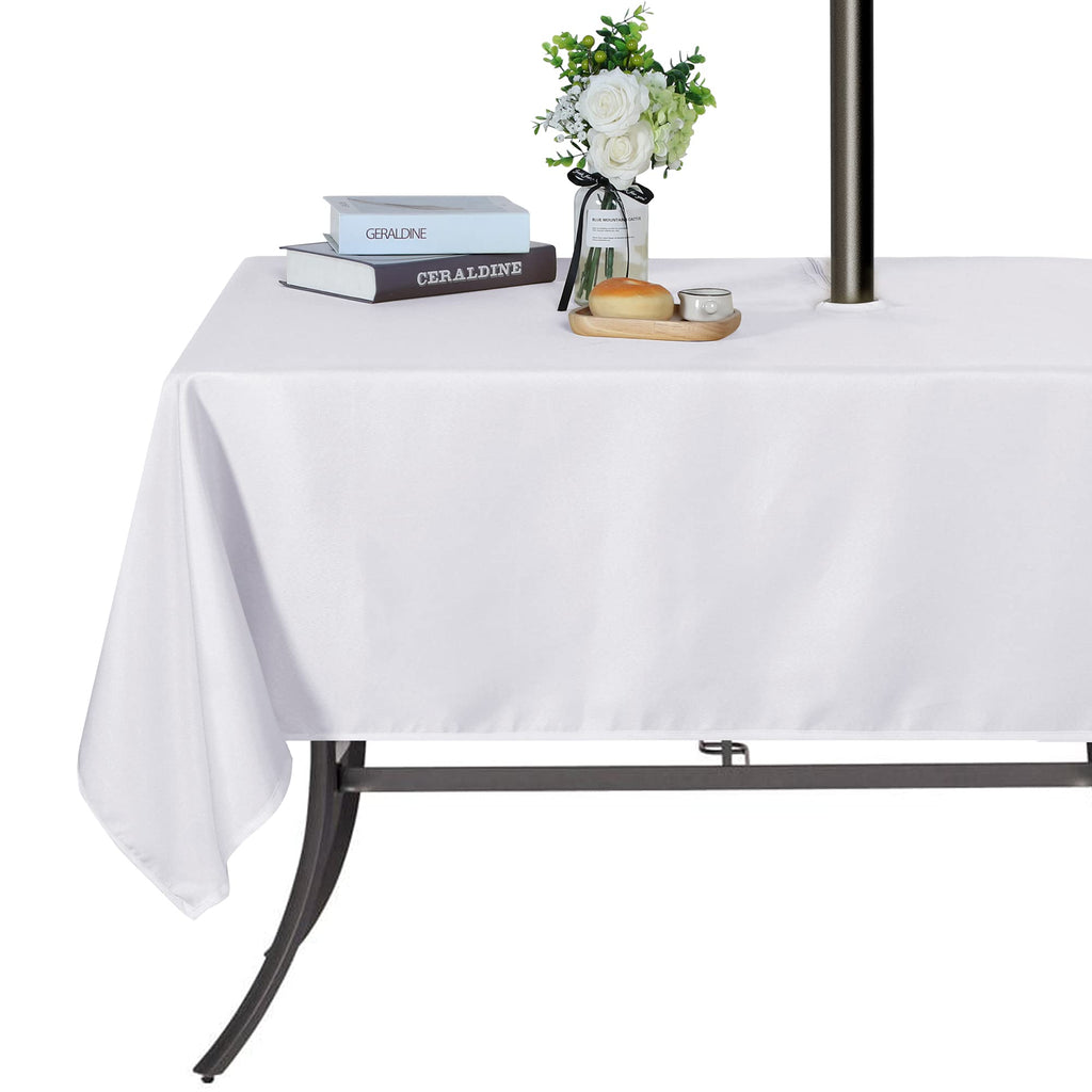 Saraflora Outdoor And Indoor Tablecloth -60X102 Inch White Wrinkle Free Washable Waterproof Table Cloth With Umbrella Hole And Zipper Rectangle Table Cover For Spring/Summer/Patio/Picnic/Bbqs/Party