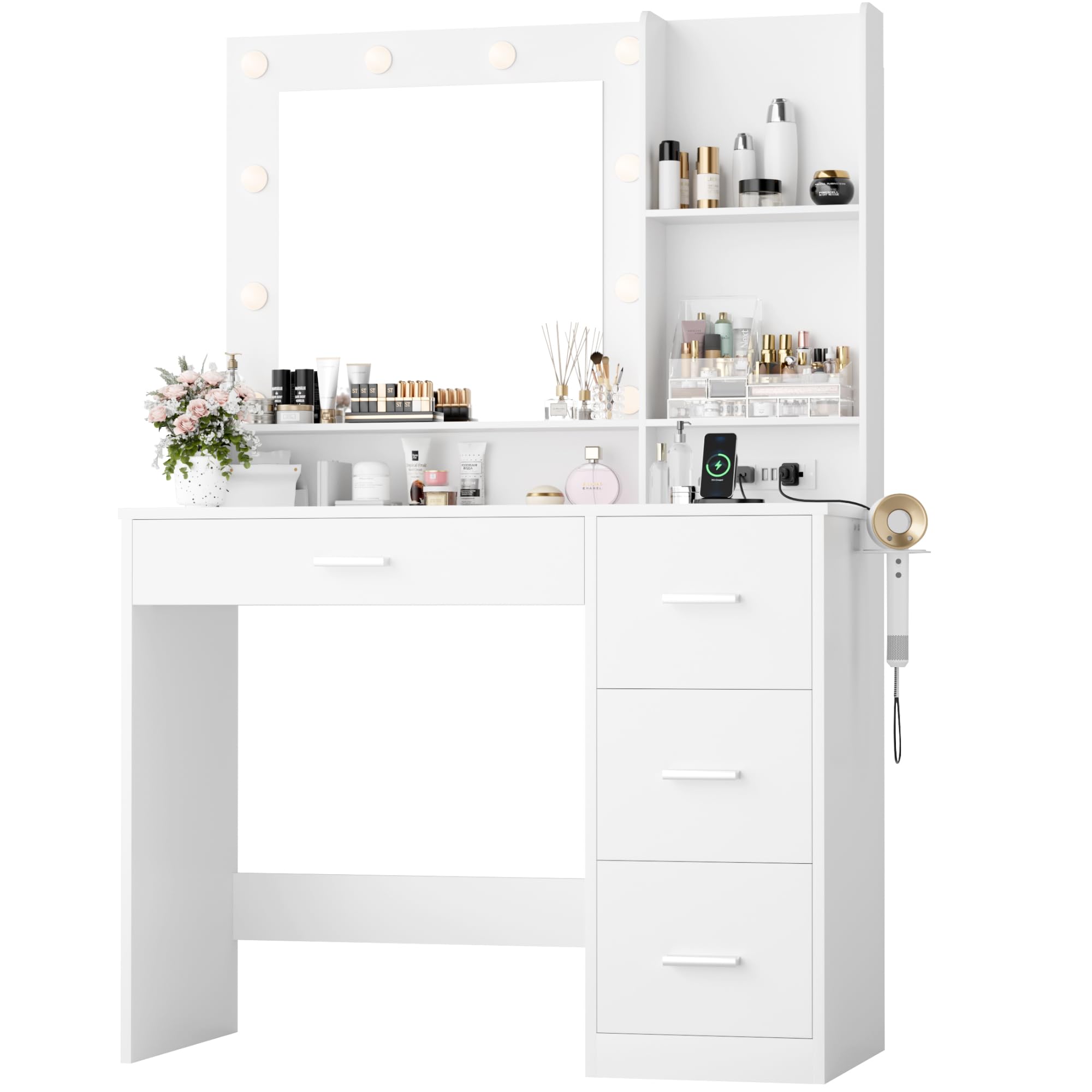 Furmax Vanity Desk with LED Lighted Mirror&Power Outlet, 39.3 Makeup Vanity Table with 4 Drawers and 3 Storage Shelves, Adjustab