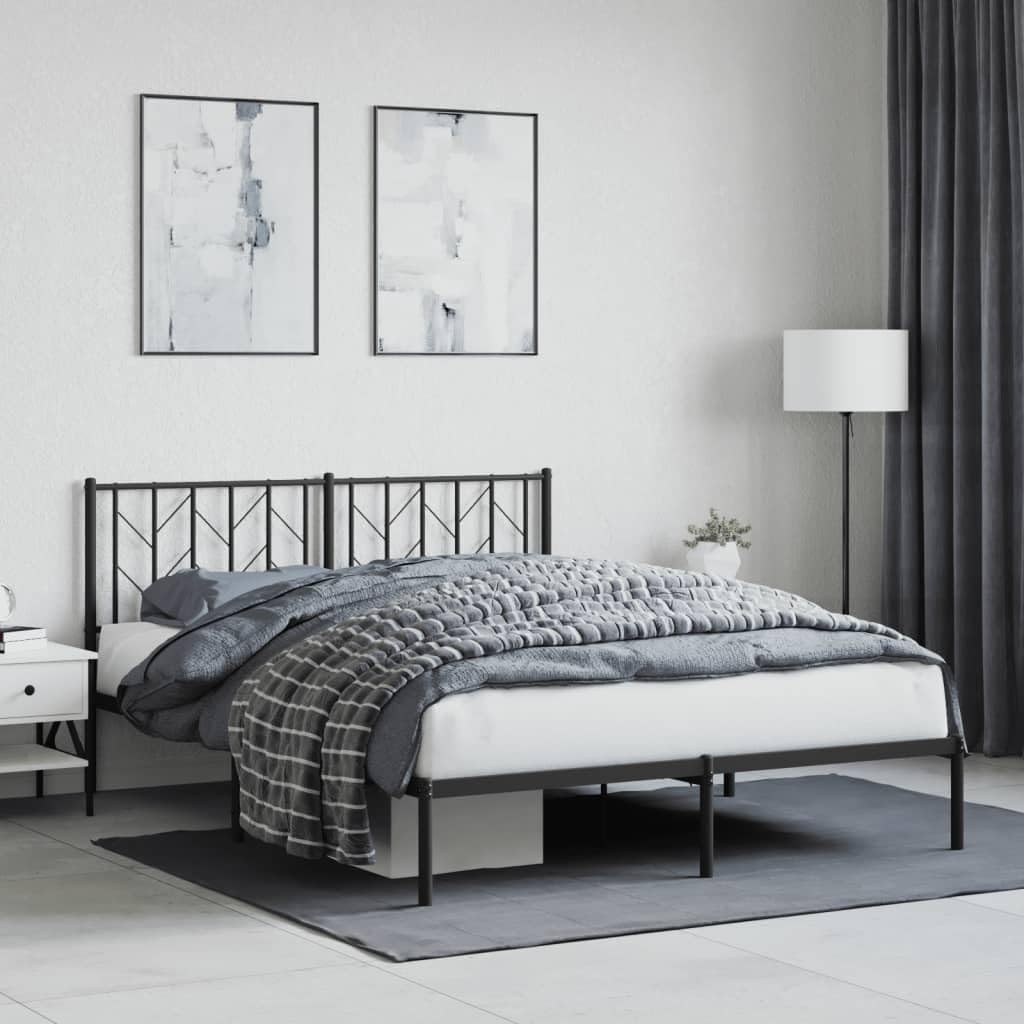 vidaXL Steel Bed Frame with Headboard, Black Double Bed Providing Storage and Support - Mattress not Included
