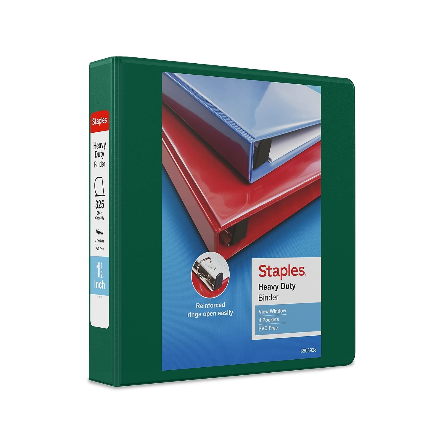 Staples 82681 Heavy-Duty 1.5-Inch 3-Ring Letter Binder Green (24682-Us)