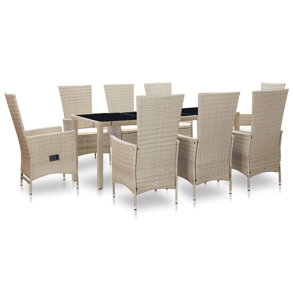 vidaXL - 9 Piece Patio Dining Set - Weather-Resistant Poly Rattan Design - Comfortable Reclining Chairs - Beige - Ideal for Garden & Outdoor Use