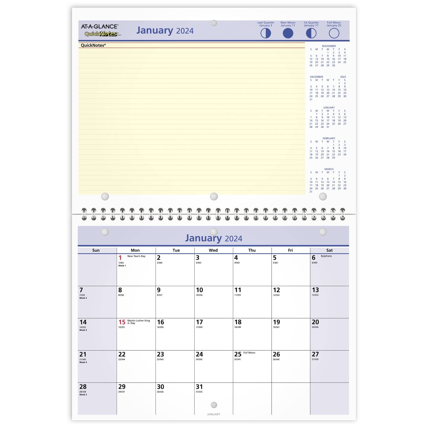 At-A-Glance 2024 Wall & Desk Calendar, 11' X 8', Small, Monthly, Wirebound, Quicknotes, Daily Blocks 1-1/4    X 1-1/4    (Pm50
