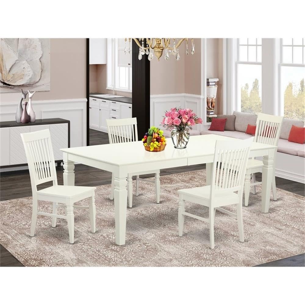 East West Furniture LGWE5-LWH-W 5 Piece Kitchen Table Set for 4 Includes a Rectangle Dining Room Table with Butterfly Leaf and 4 Solid Wood Seat Chairs, 42x84 Inch, Linen White